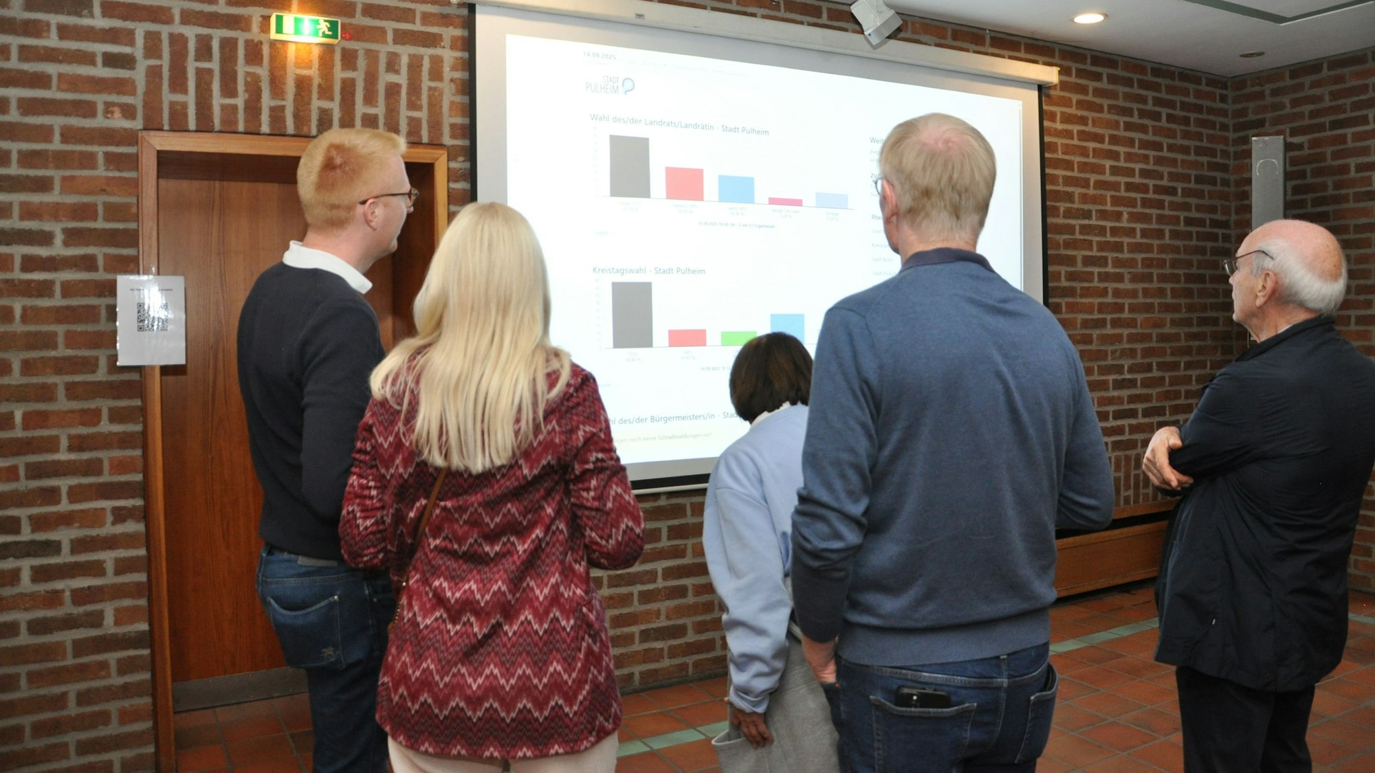 Mitglieder der politischen Parteien und Pulheimer verfolgten auf der Großleinwand im Rathausfoyer die Auszählungsergebnisse am 14. September.