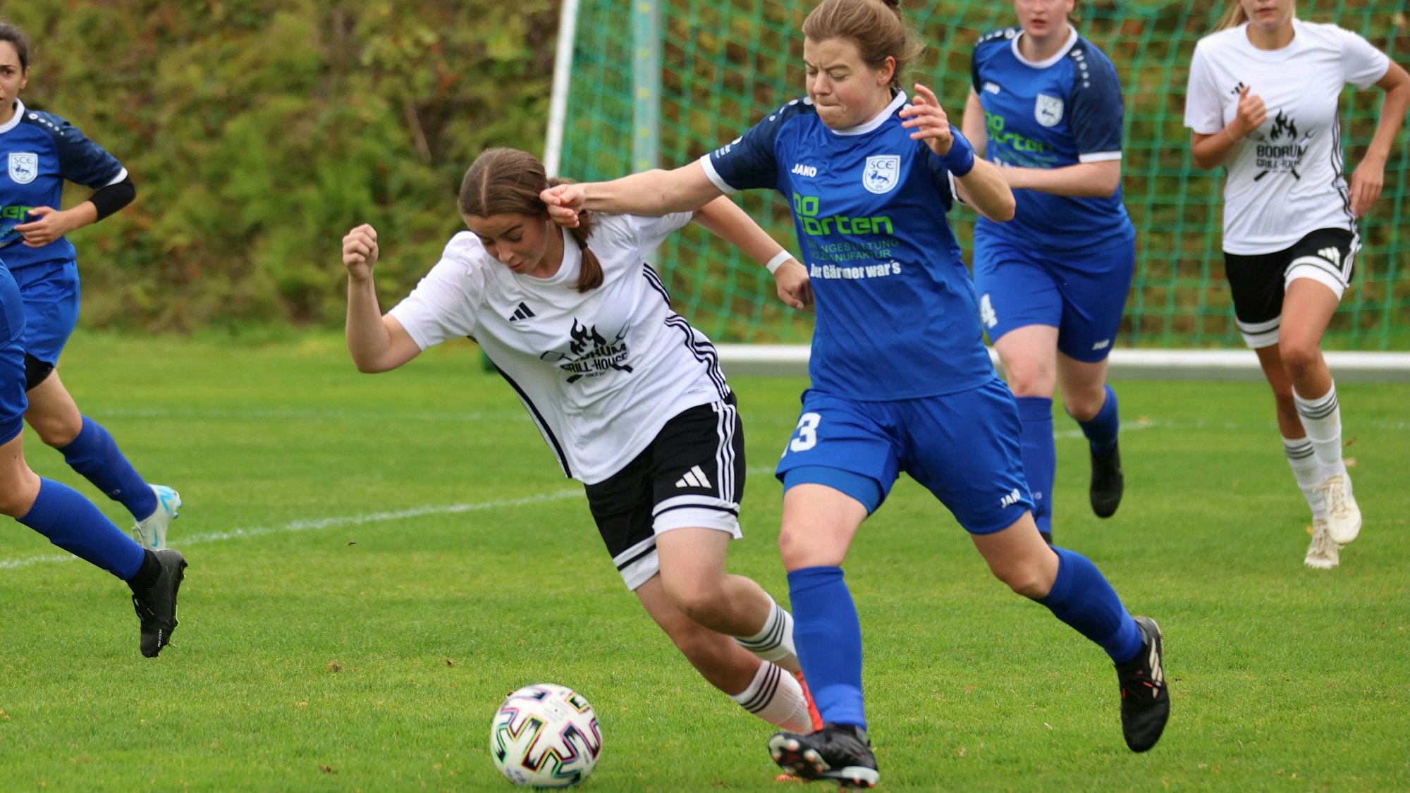 Hanna Frauenkron führt den Ball, eine Gegnerin versucht sie mit dem Arm wegzudrücken.