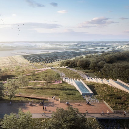 Der Tagebau Hambach im Jahr 2030: Über Kaskaden an der Porta Sophia bei Elsdorf soll das Rheinwasser 40 Jahre lang unaufhörlich aus dem Einleitbauwerk in die Grube fließen.