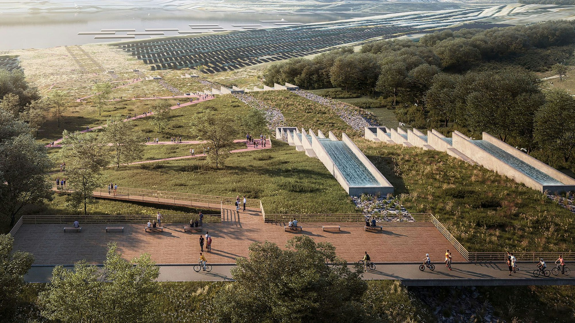 Der Tagebau Hambach im Jahr 2030: Über Kaskaden an der Porta Sophia bei Elsdorf soll das Rheinwasser 40 Jahre lang unaufhörlich aus dem Einleitbauwerk in die Grube fließen.