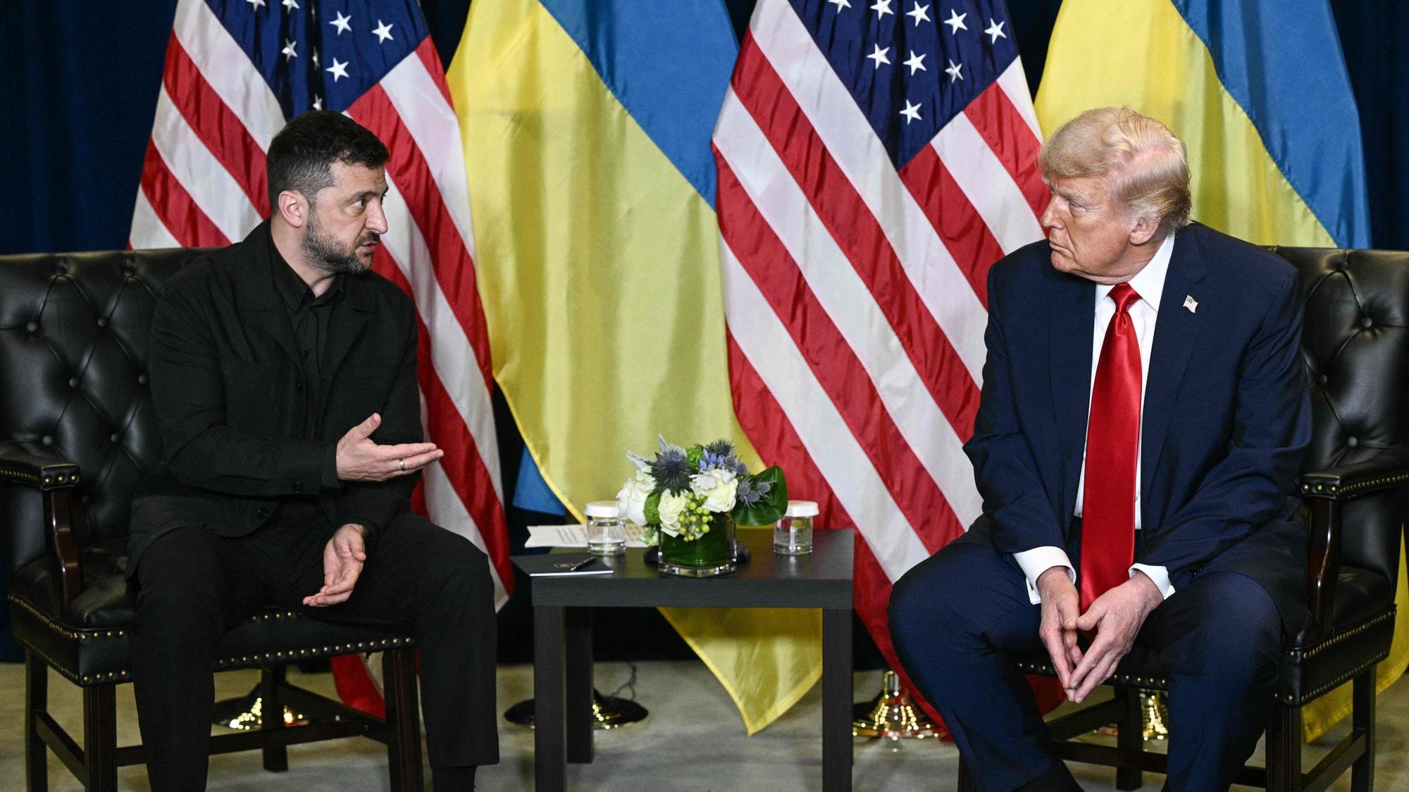 US President Donald Trump holds a bilateral meeting with Ukraine's President Volodymyr Zelensky on the sidelines of the United Nations General Assembly in New York City on September 23, 2025. (Photo by Brendan SMIALOWSKI / AFP)