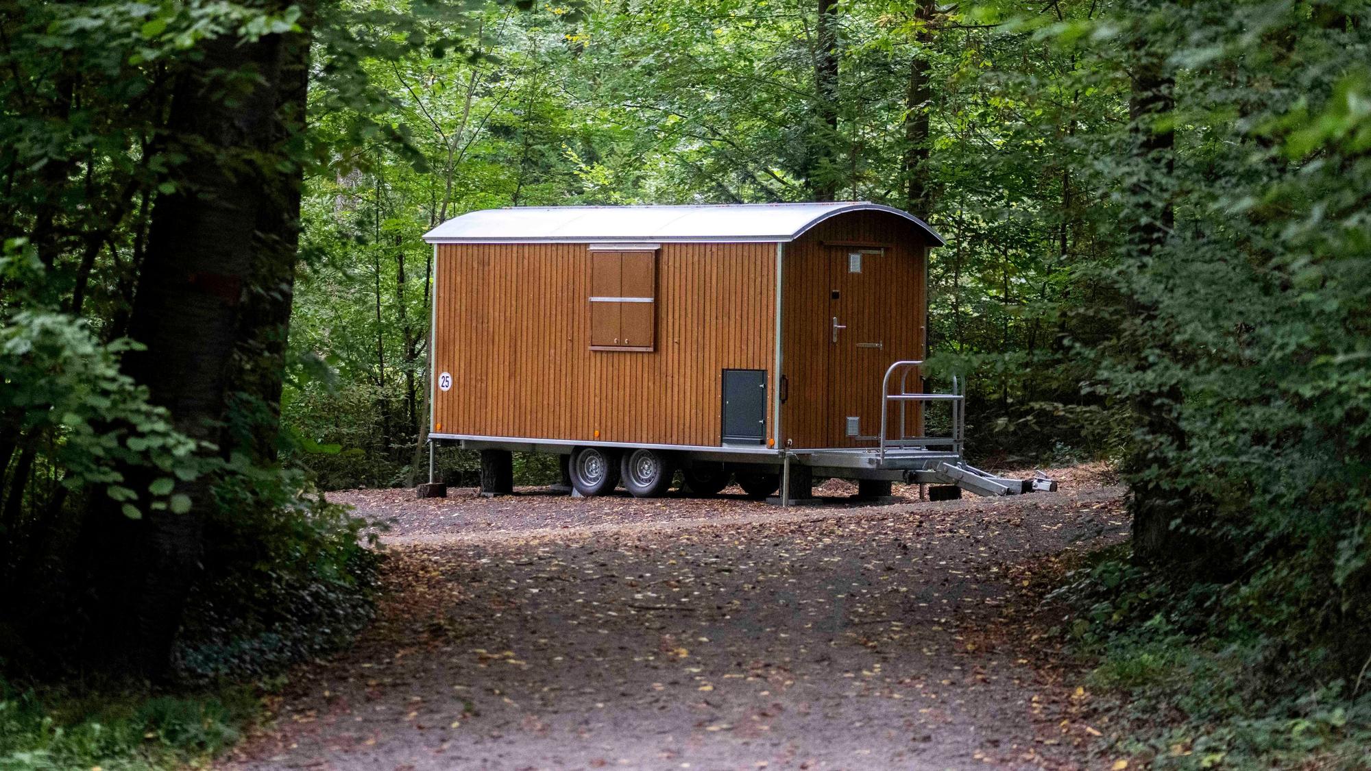 Das Bild zeigt eine Art Bauwagen, der auf einem Weg im Hardtwald steht.
