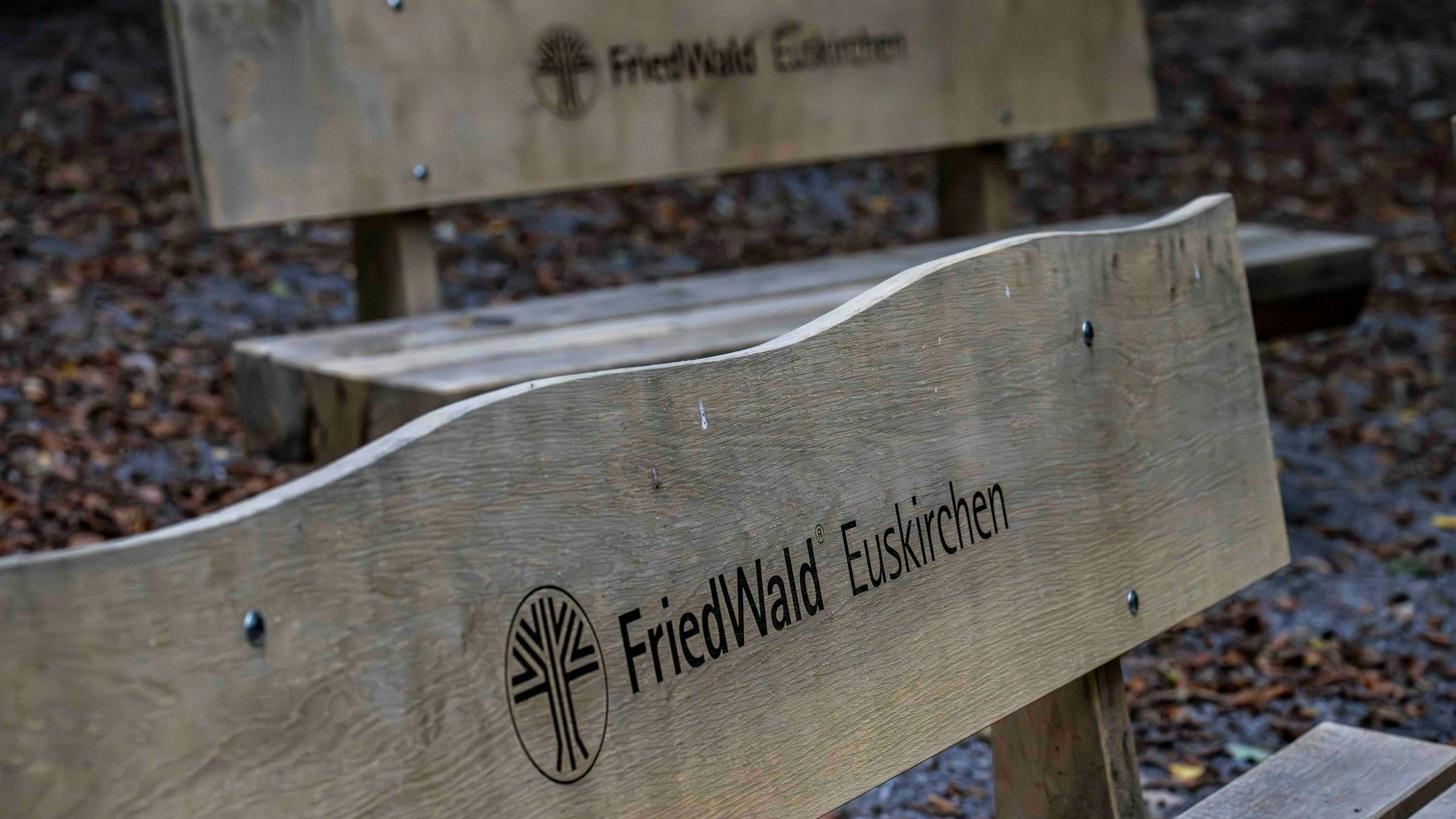 Das Bild zeigt zwei Holzbänke für Trauergäste. Sie tragen die Inschrift: Friedwald Euskirchen.