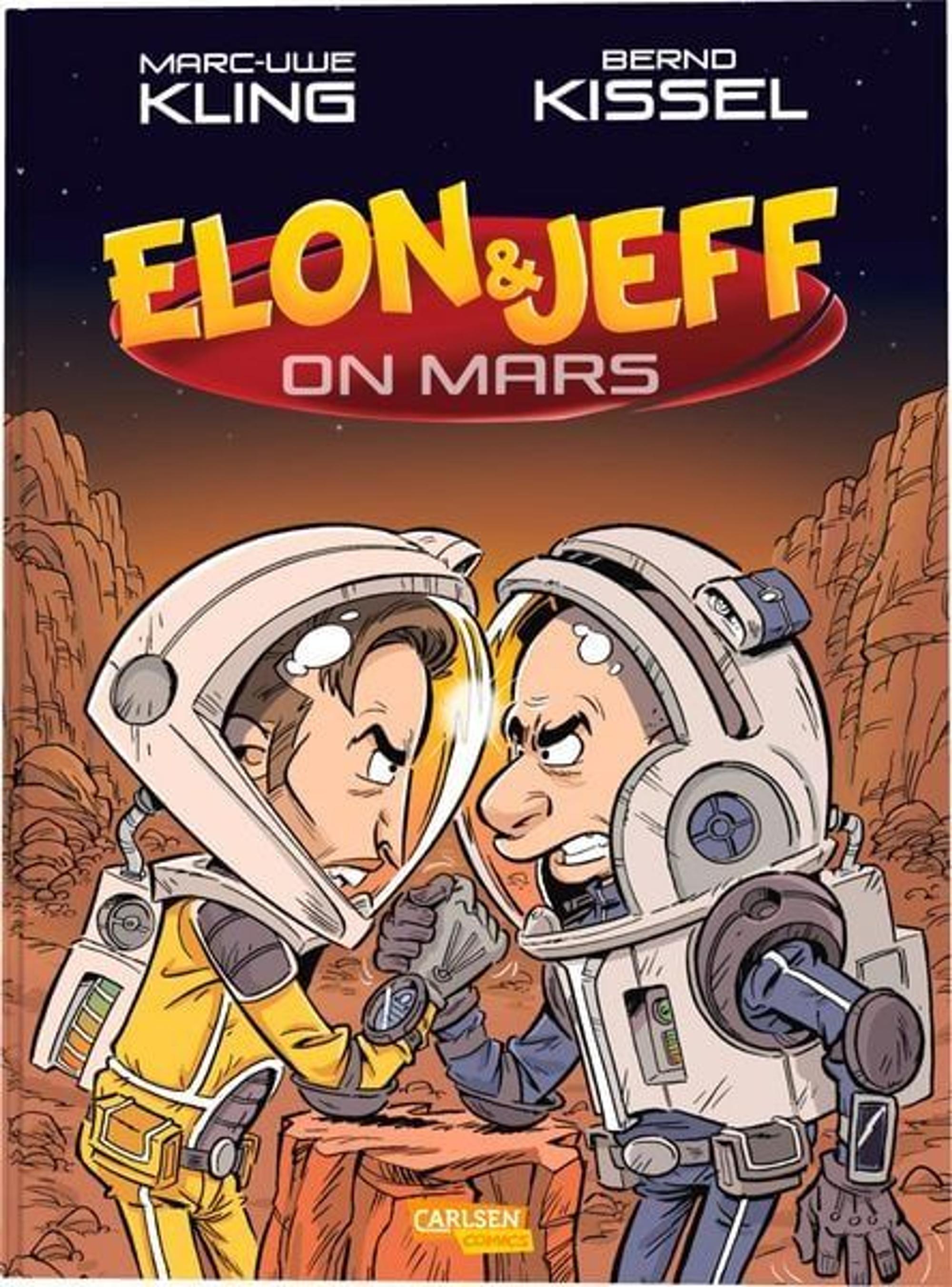 Elon Musk und Jeff Bezos als Comicfiguren messen sich auf dem AMrs im Armdrücken