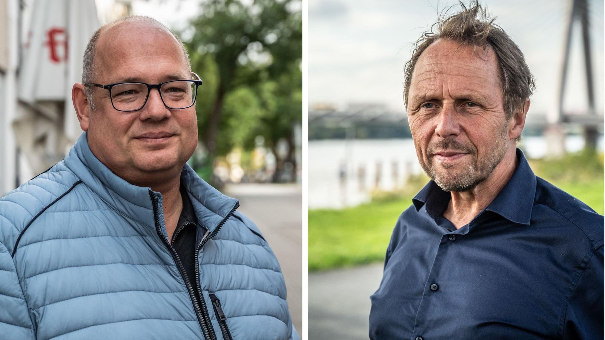 Sie stellen sich am Samstag zur Stichwahl um das Leverkusener Oberbürgermeisteramt: Der Herausforder Stefan Hebbel und der Amtsinhaber Uwe Richrath Bild: Ralf Krieger
