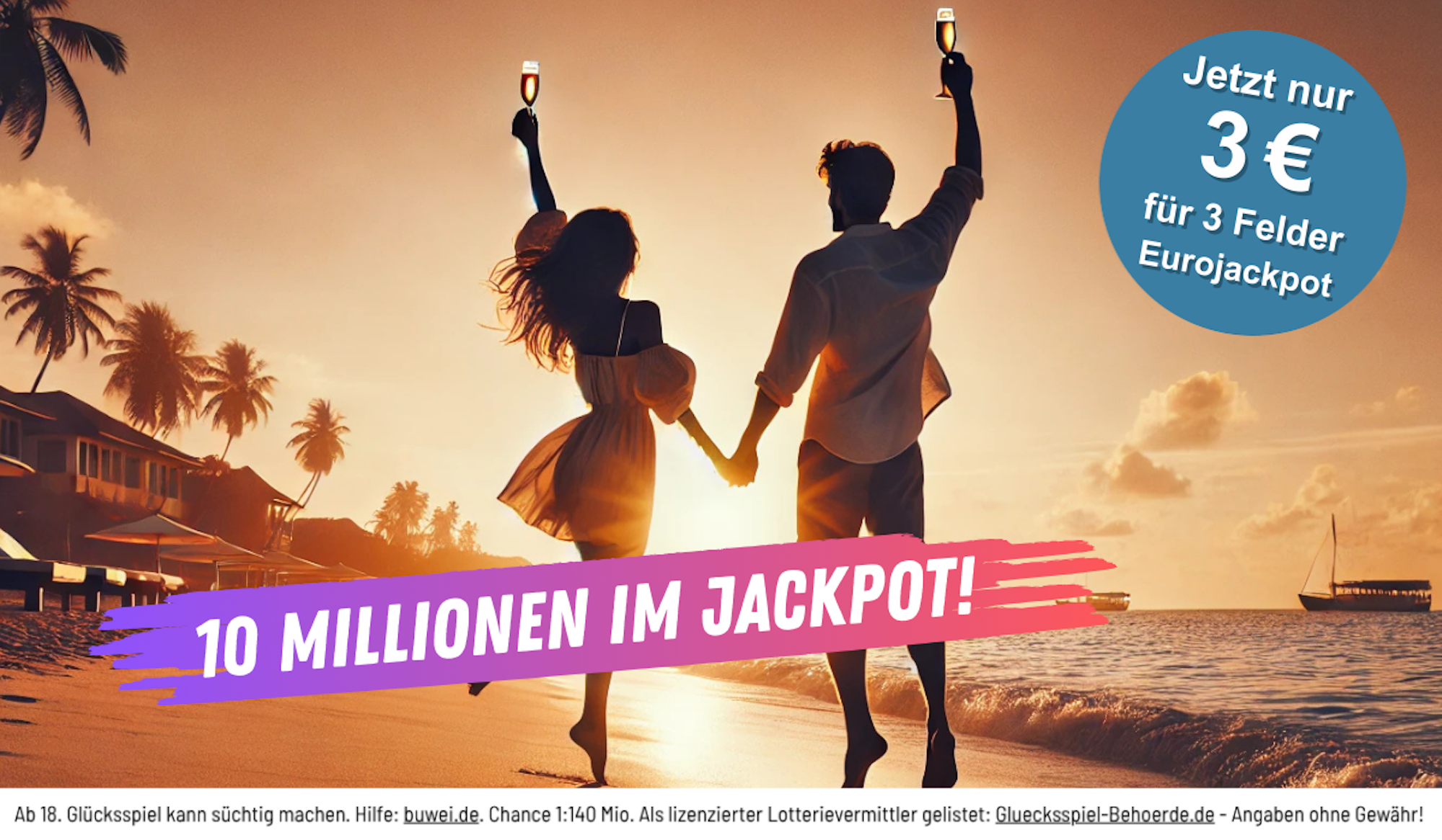 Ein junges Pärchen im Sonnenuntergang am Strand. Sie springen jubelnd in die Luft. Darunter Schriftzug 10 Millionen im Eurojackpot.