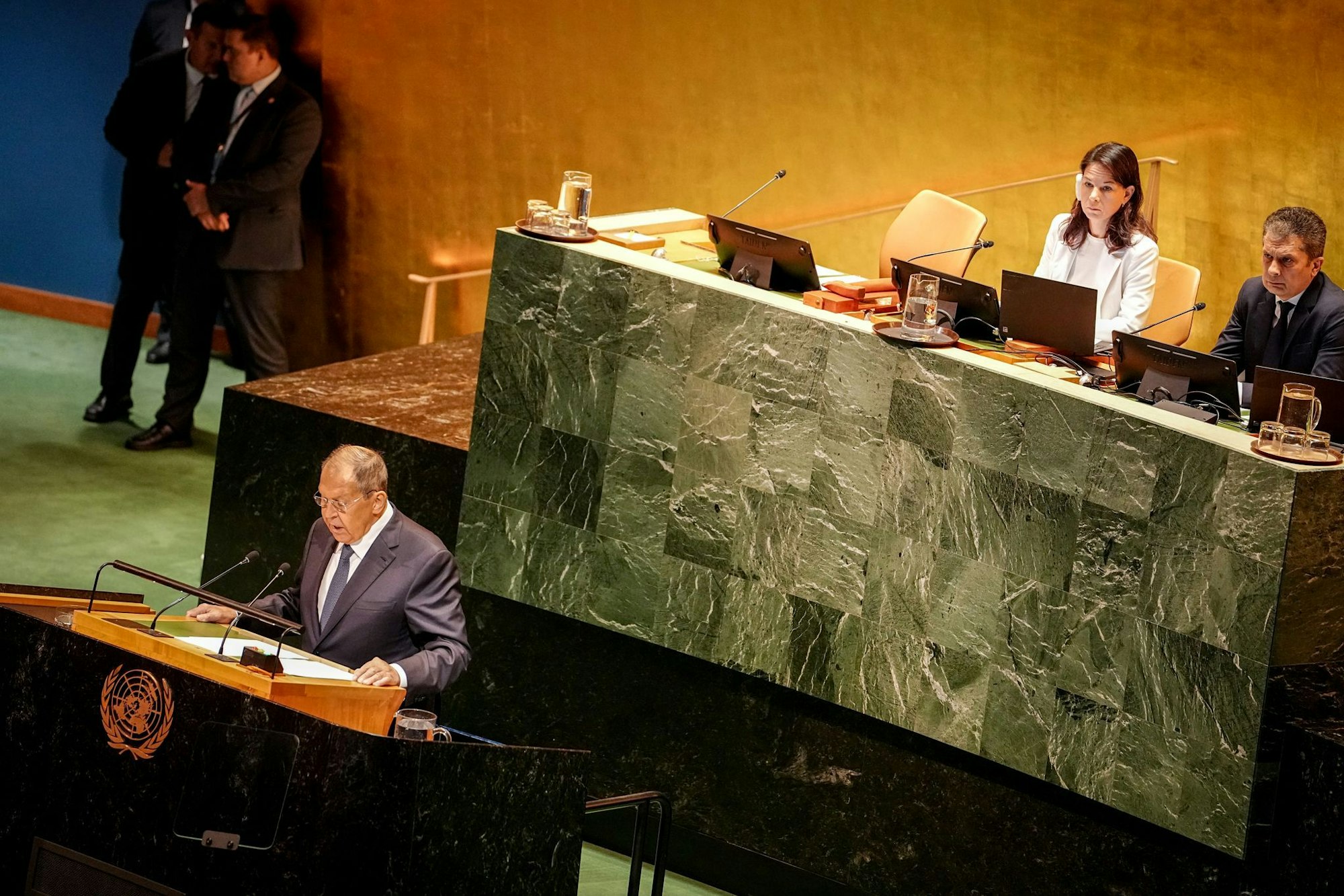 Sergej Lawrow spricht bei der UN-Generalversammlung.
