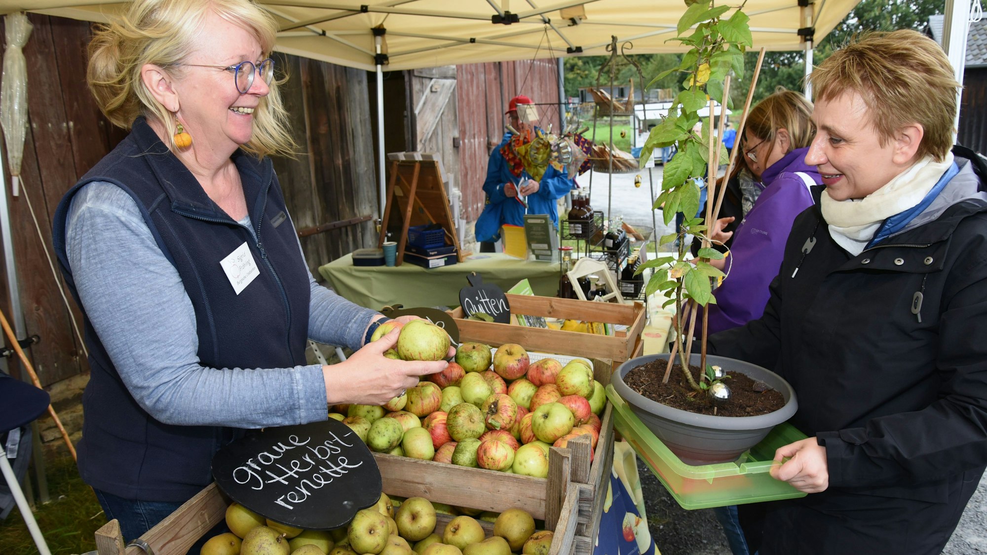 Zwei Frauen stehen an einem Apfelstand beim Obstwiesenfest 2021 in Lindlar im Freilichtmuseum.