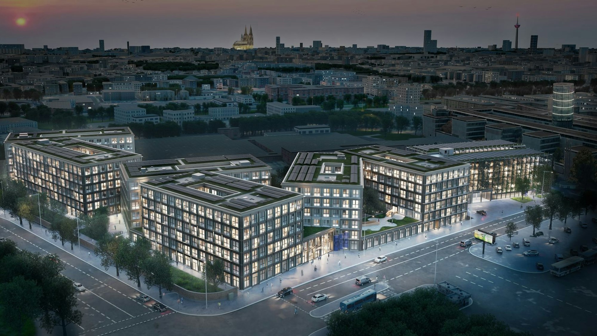 So soll das Bundesverwaltungsamt an der Friedrich-Karl-Straße in Niehl einmal aussehen - rechts im Bild das Gebäude des Verlags DuMont.
