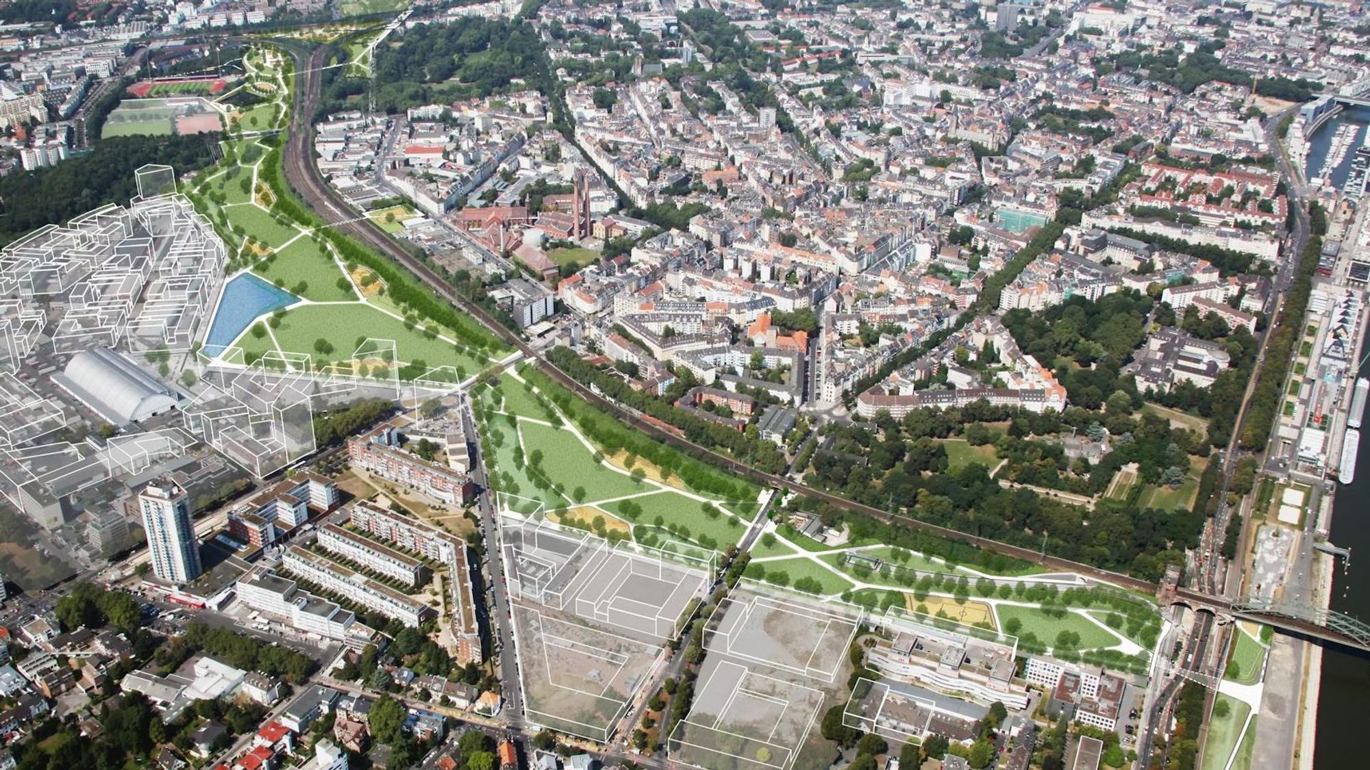Die Planung für die Parkstadt Süd sieht einen durchgängigen Grüngürtel bis zum Rhein vor. Oben links ist das Fortuna-Gelände zu sehen mit dem Ascheplatz, der umgebaut werden soll. Westlich des Südstadions sind der Sporthof und die Kleinspielfelder vorgesehen.