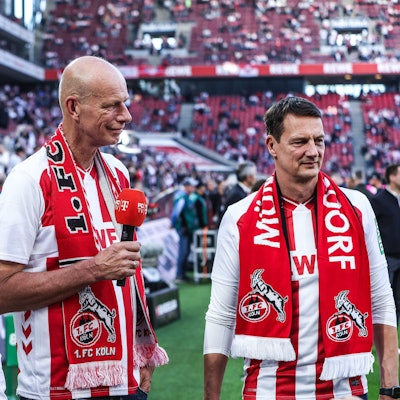 Jörg Alvermann, Jörn Stobbe und Ulf Sobek bei ihrem ersten Auftritt im Rhein-Energie-Stadion nach der Wahl.