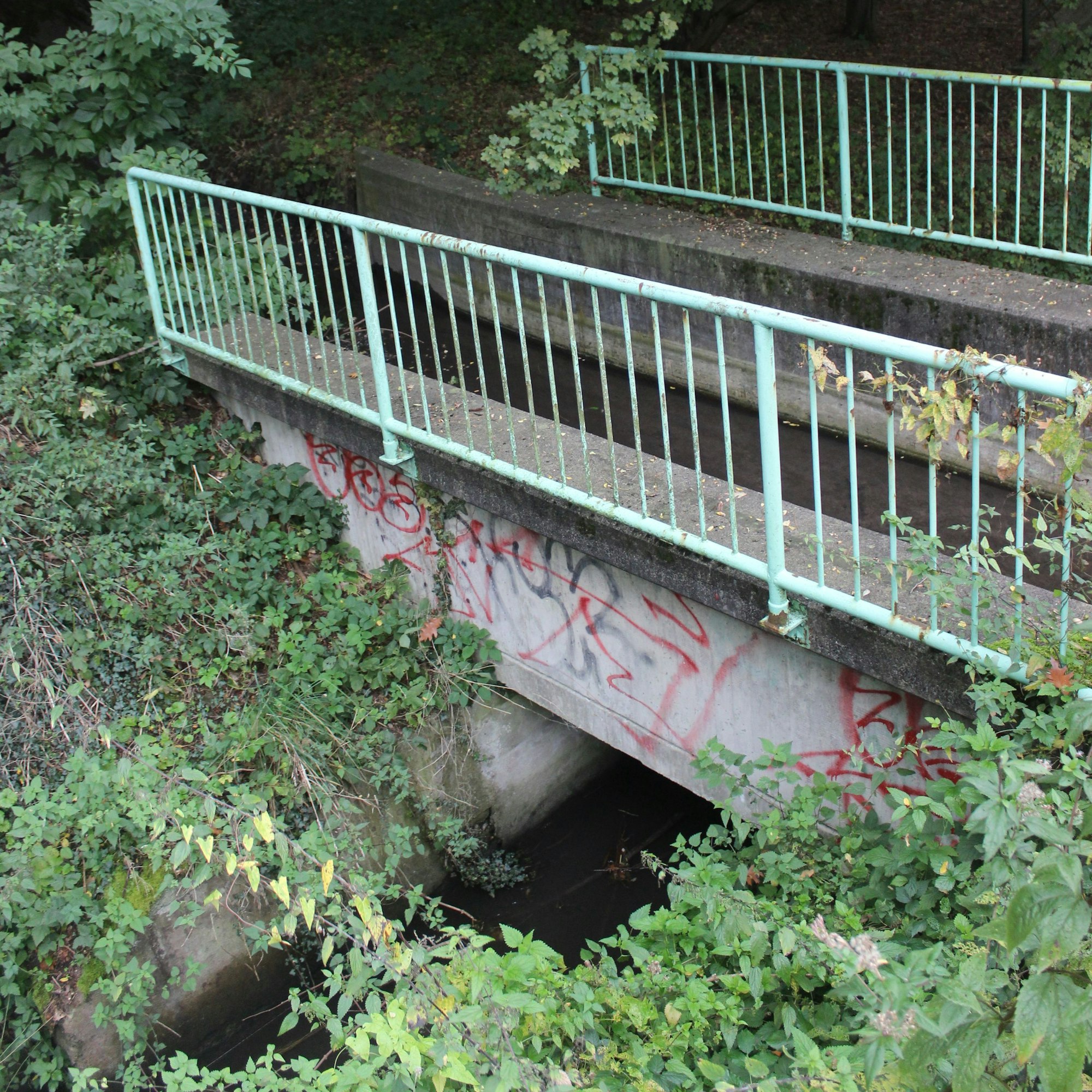 Ein Bach wird mithilfe einer Brücke über einen anderen geführt.