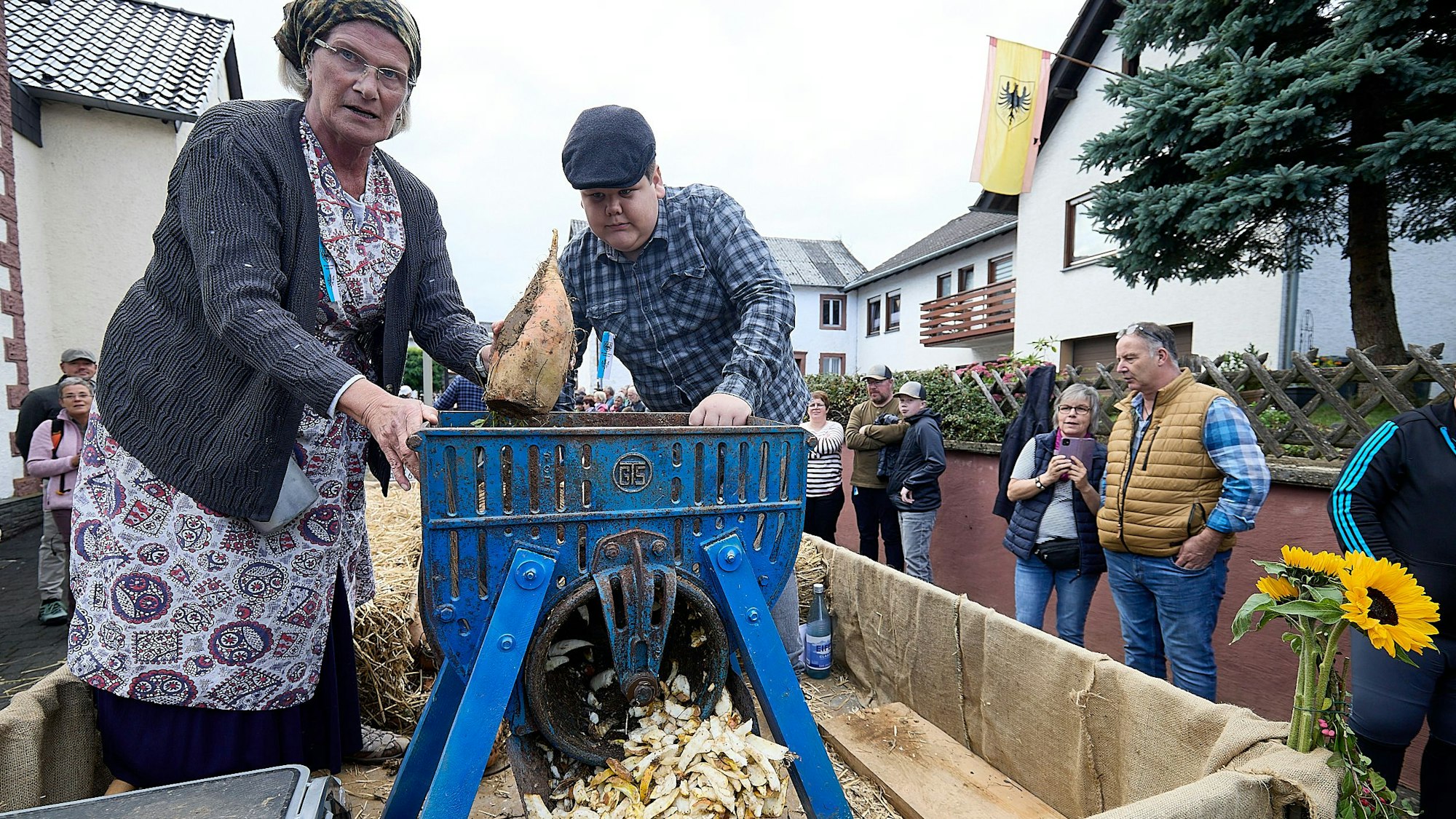 Eine Frau und ein Jugendlicher stehen an einer handbetriebenen Maschine, mit der Zuckerrübenschnitzel hergestellt werden.
