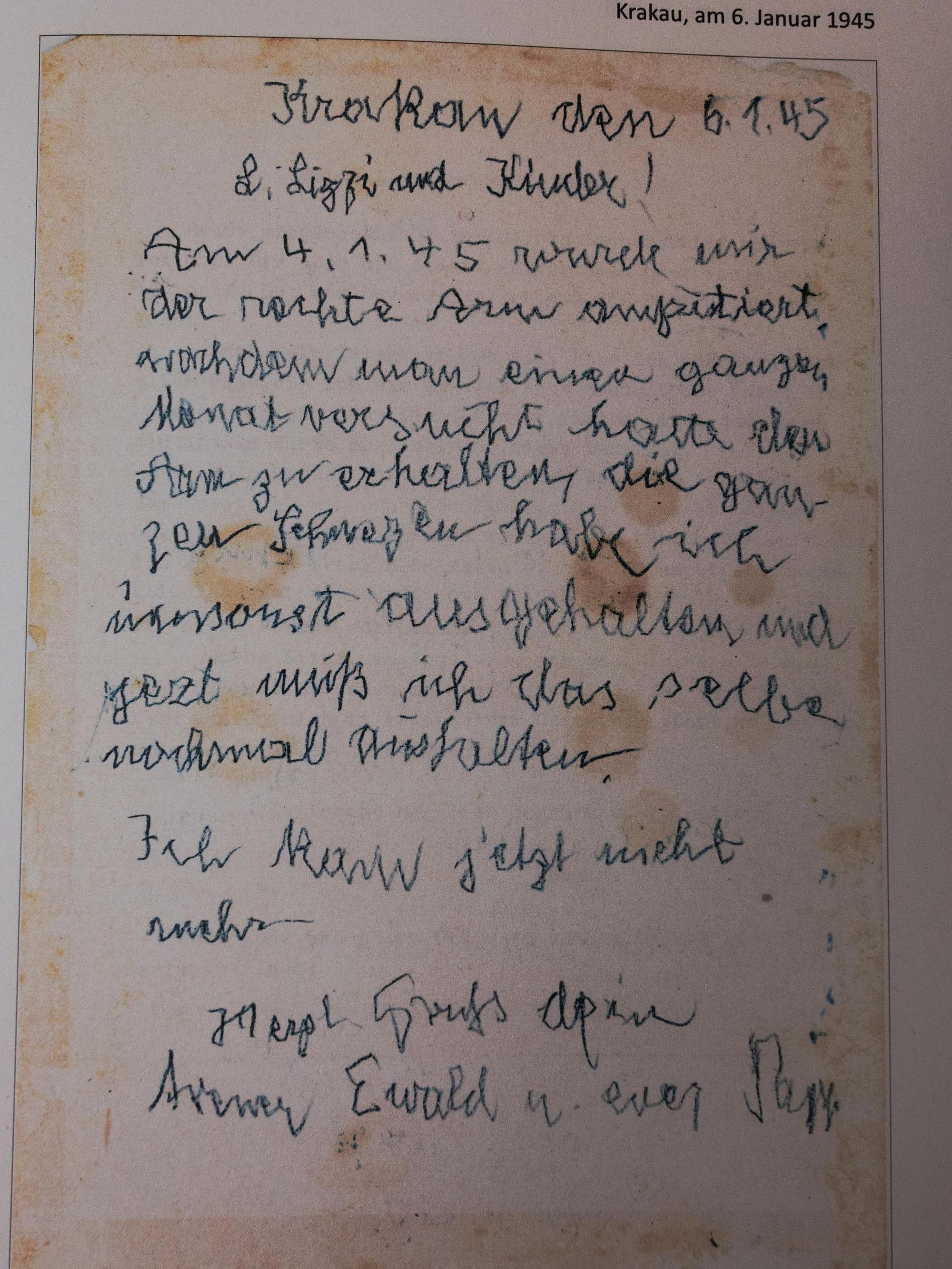 Einer der letzten Briefe, geschrieben mit links.