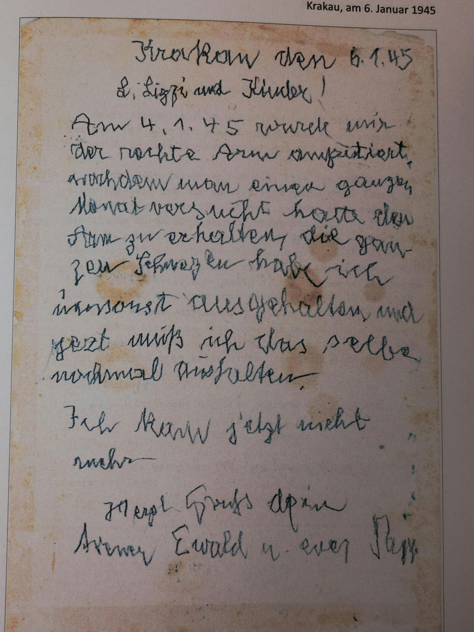 Einer der letzten Briefe, geschrieben mit links.