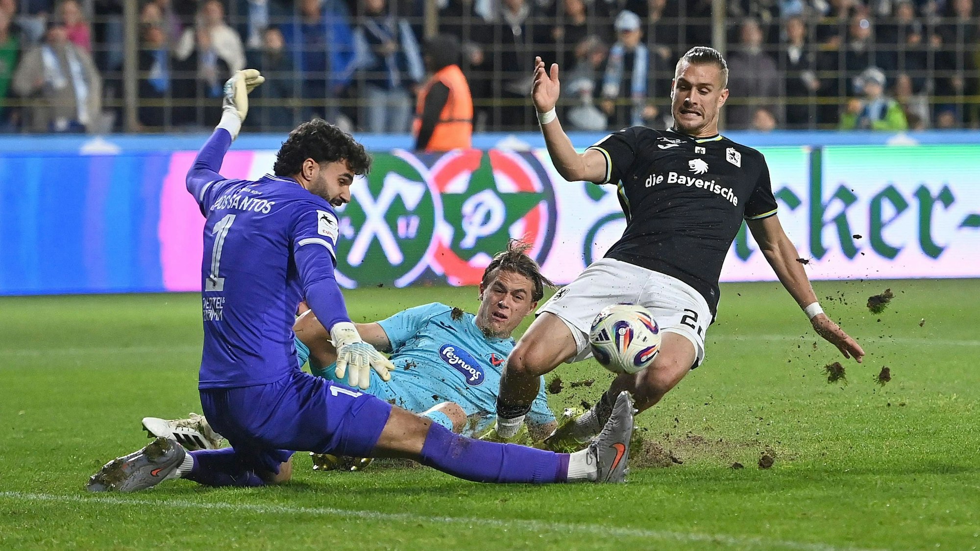 Sigurd HAUGEN TSV 1860 Muenchen, Aktion,Zweikampf gegen Torwart Eduardo DOS SANTOS HAESLER K und Leonhard Luis MUENST K. Fussball 3.Liga,9.Spieltag, Saison 2025/26 TSV 1860 Muenchen - Viktoria Koeln am 01.10.2025 GRUENWALDER STADION. *** Sigurd HAUGEN TSV 1860 Muenchen , action,duel against goalkeeper Eduardo DOS SANTOS HAESLER K and Leonhard Luis MUENST K Soccer 3 Liga,Matchday 9, Season 2025 26 TSV 1860 Muenchen Viktoria Koeln on 01 10 2025 GRUENWALDER STADION