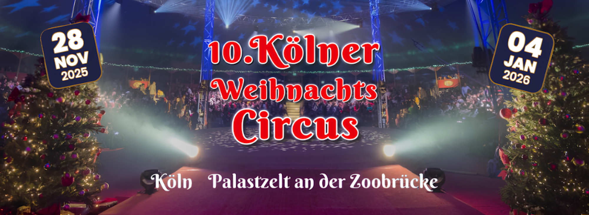 Bild aus dem Zirkuszelt mit einem darauf platzierten Schriftzug.