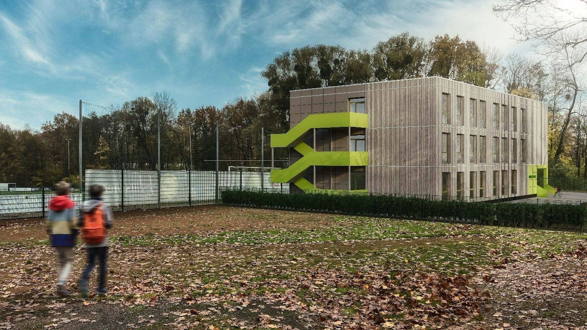 Eine Animation zeigt den dreistöckigen Bau aus Holz.