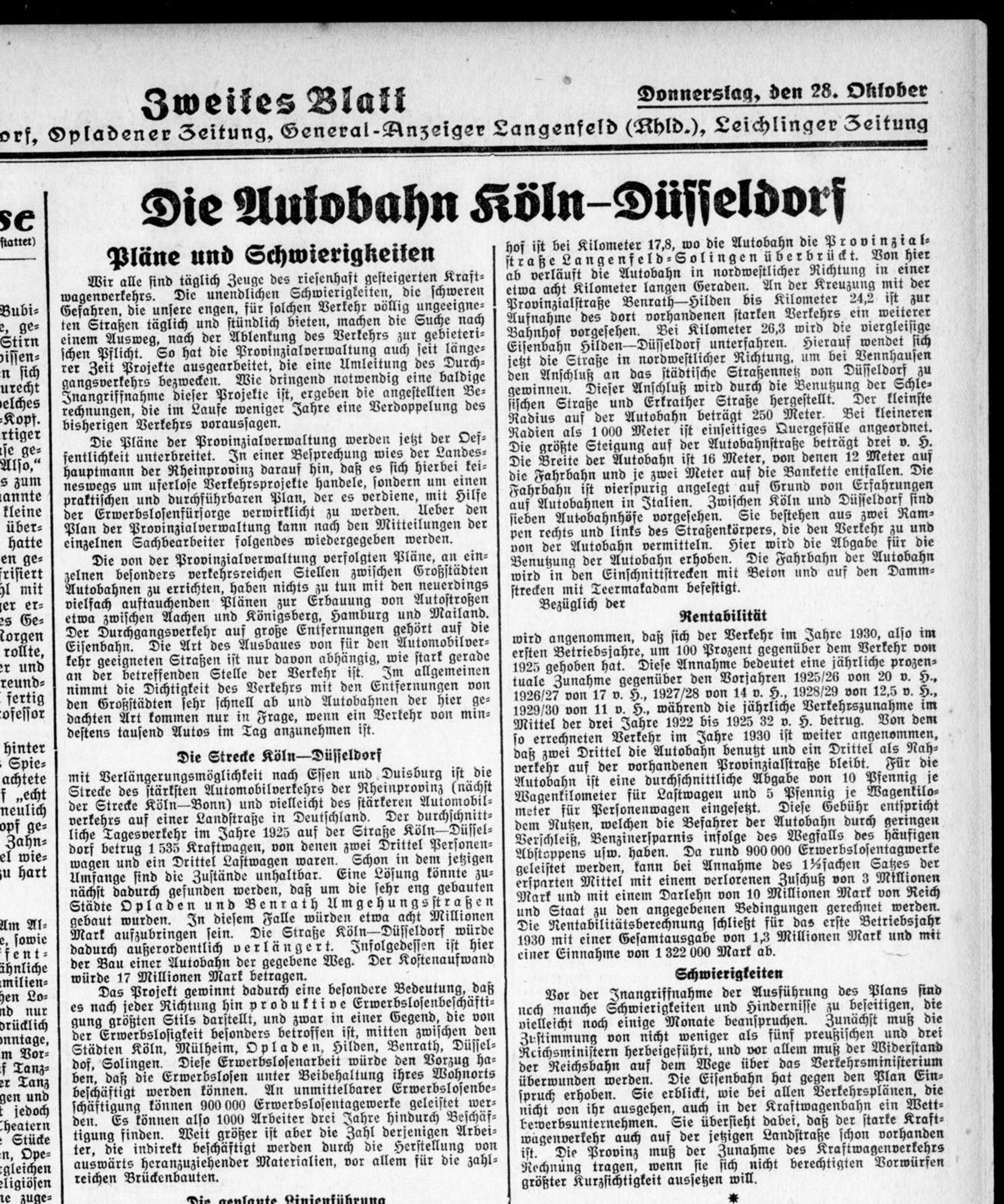 Opladener Zeitung vom 28. Oktober 1926. Es gab damals kaum Bilder in der Zeitung.