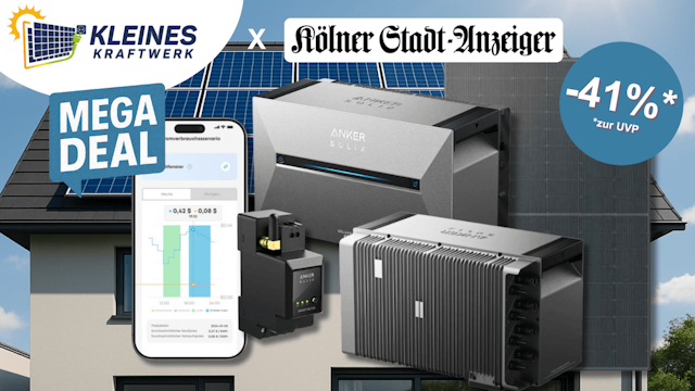 Darstellung eines Balkonkraftwerks von Kleines Kraftwerk mit Anker Solarbank und App auf dem Handy.