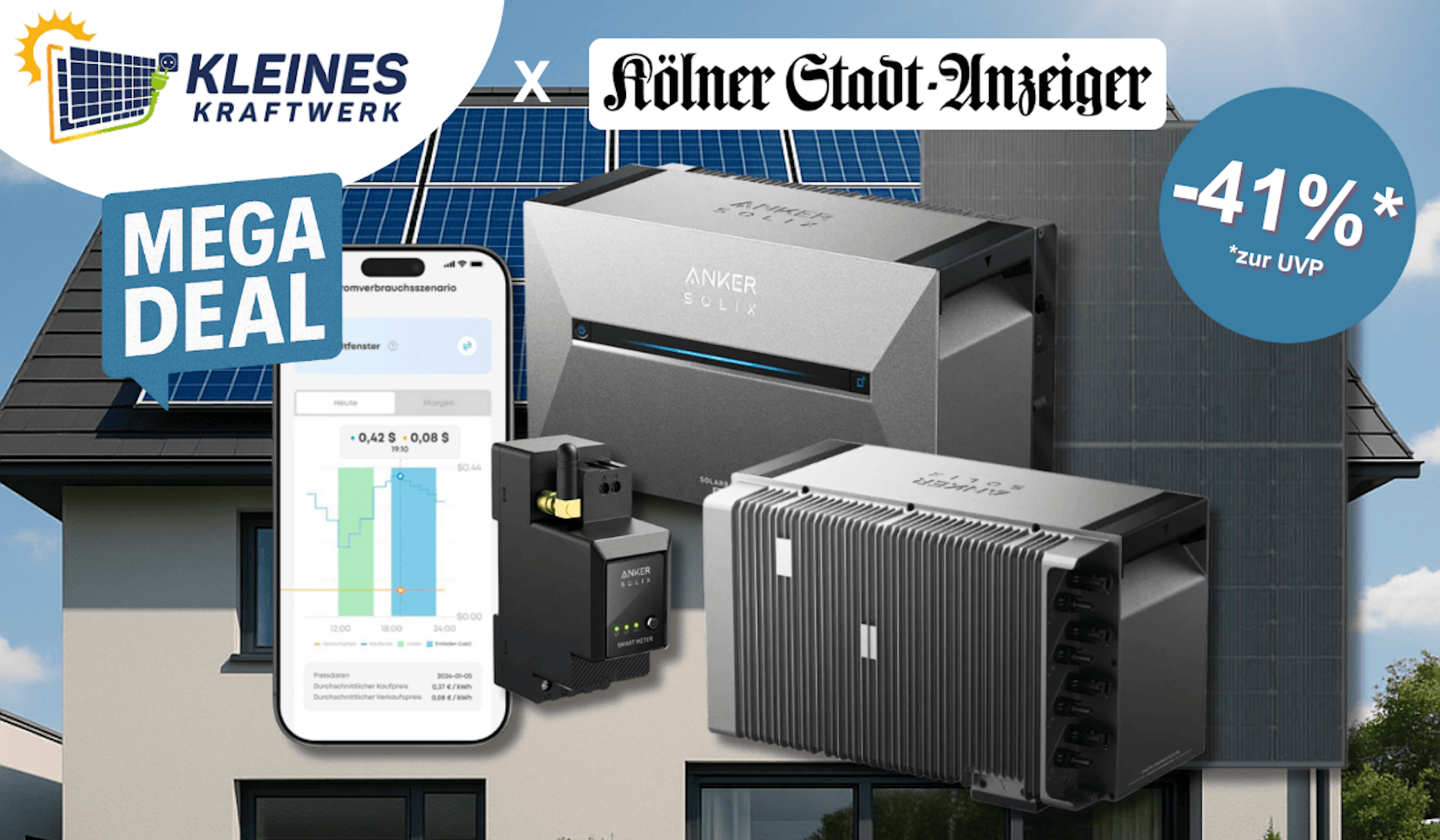 Darstellung eines Balkonkraftwerks von Kleines Kraftwerk mit Anker Solarbank und App auf dem Handy.