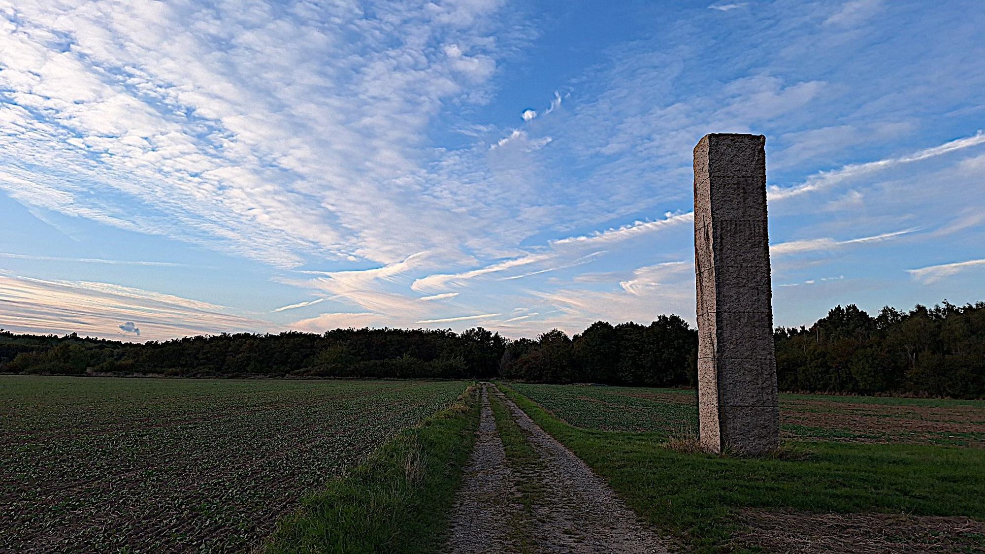 Ein großer Steinblock steht auf einem Feld unter einem bewölkten Himmel.