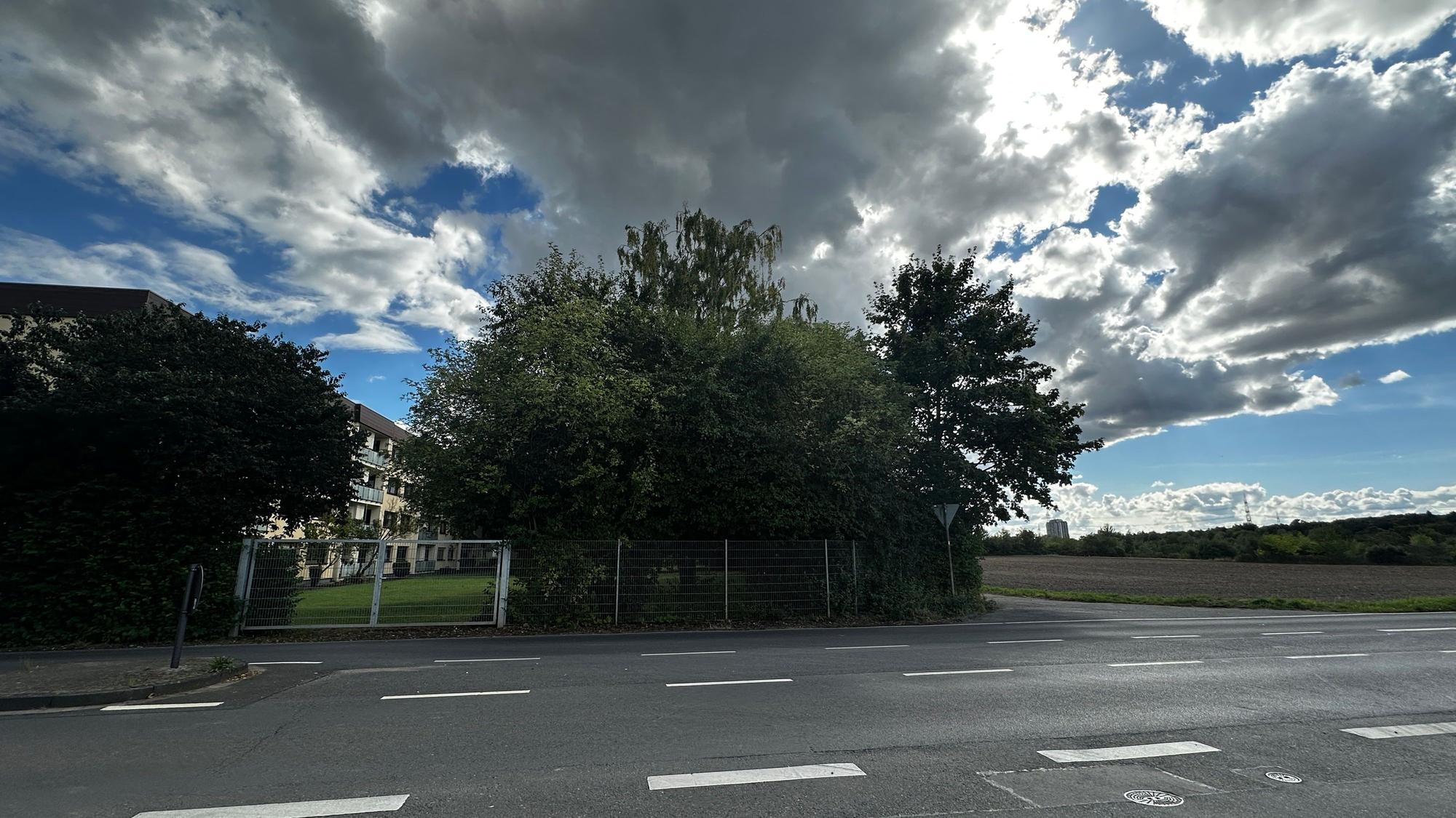 Eine zweispurige Straße und eine Einmündung, an der mehrgeschossige Wohnhäuser liegen, ist zu sehen.