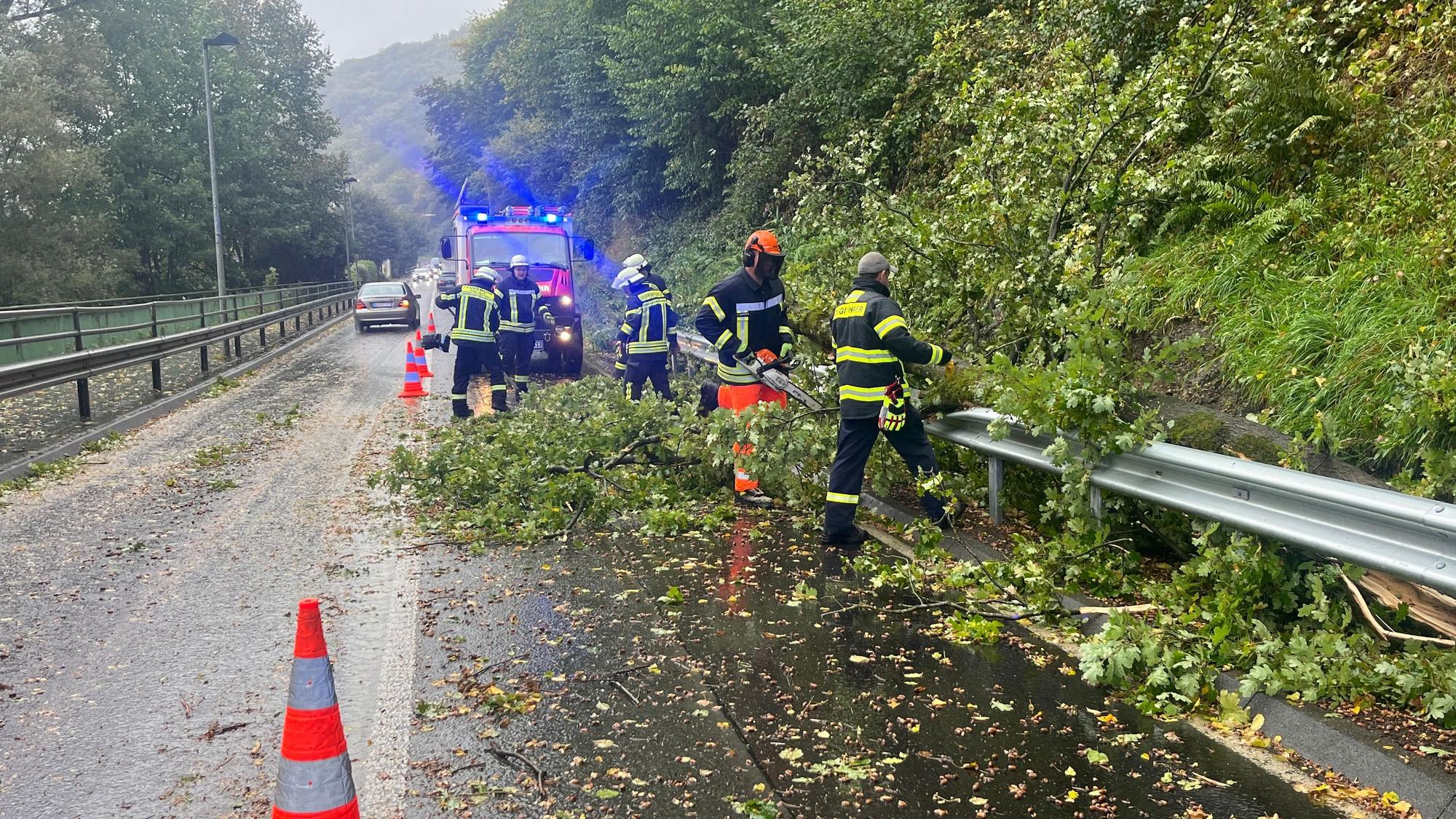 In Hennef-Dondorf war ein Baum auf die Straße gestürzt, die Feuerwehr beseitigte ihn.