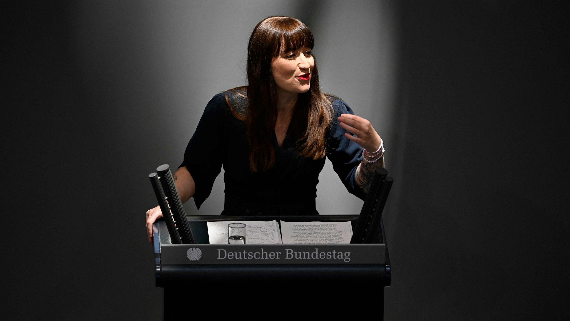 Parliamentary group leader of Germany's The Left (Die Linke) party Heidi Reichinnek speaks during a debate on the 2026 budget at the Bundestag, Germany's lower house of parliament in Berlin on September 24, 2025. (Photo by Tobias SCHWARZ / AFP)