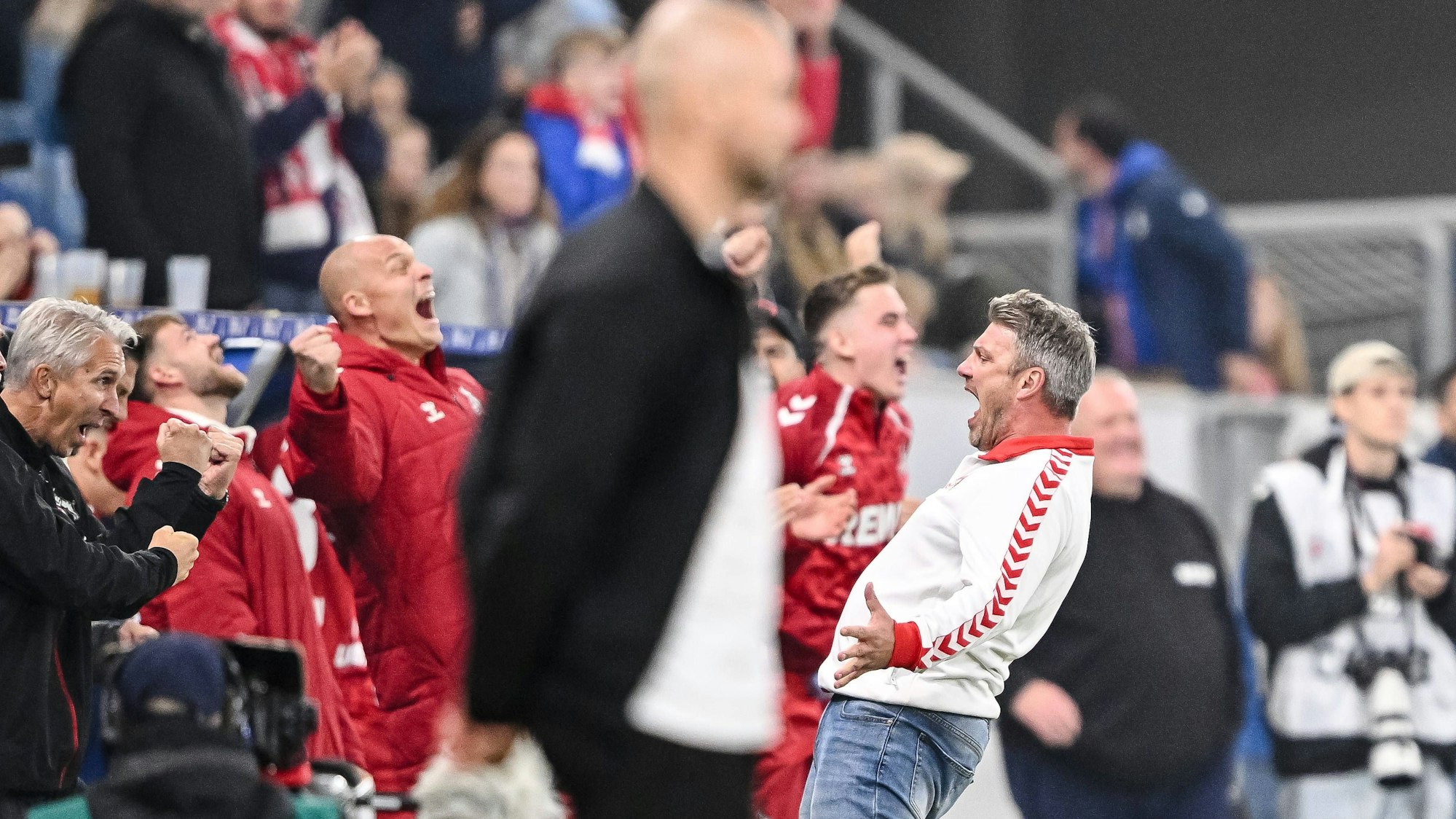 Lukas Kwasniok und die Kölner Bank feiern den Sieg in Hoffenheim.