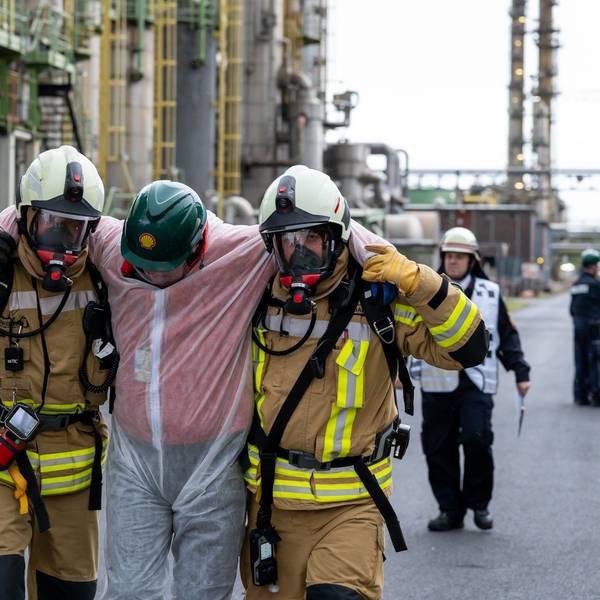 Zu sehen ist, wie zwei Feuerwehrleute bei einer Übung einen Verletzten tragen.