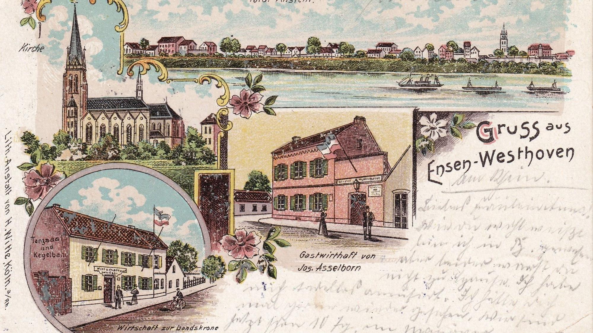Eine alte Postkarte zeigt Ansichten von Ensen.