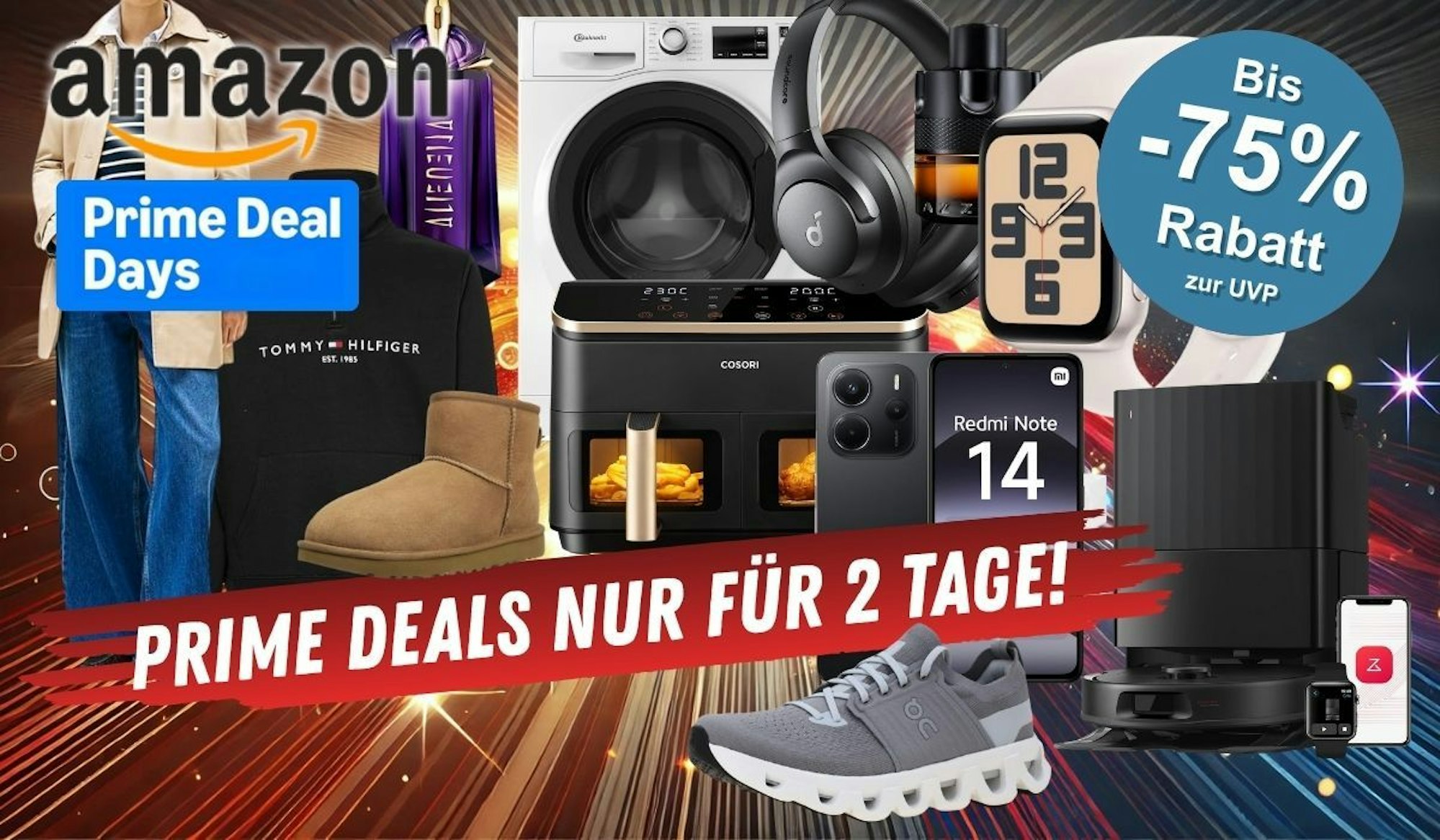 Vielzahl an Markenprodukten – präsentiert vor einem futuristischen Hintergrund mit Lichteffekten. Mit dabei sind unter anderem Trenchcoats und Pullover von Tommy Hilfiger, Sneaker, Boots von Dr. Martens und UGG, die Apple Watch sowie der Cosori Airfryer.