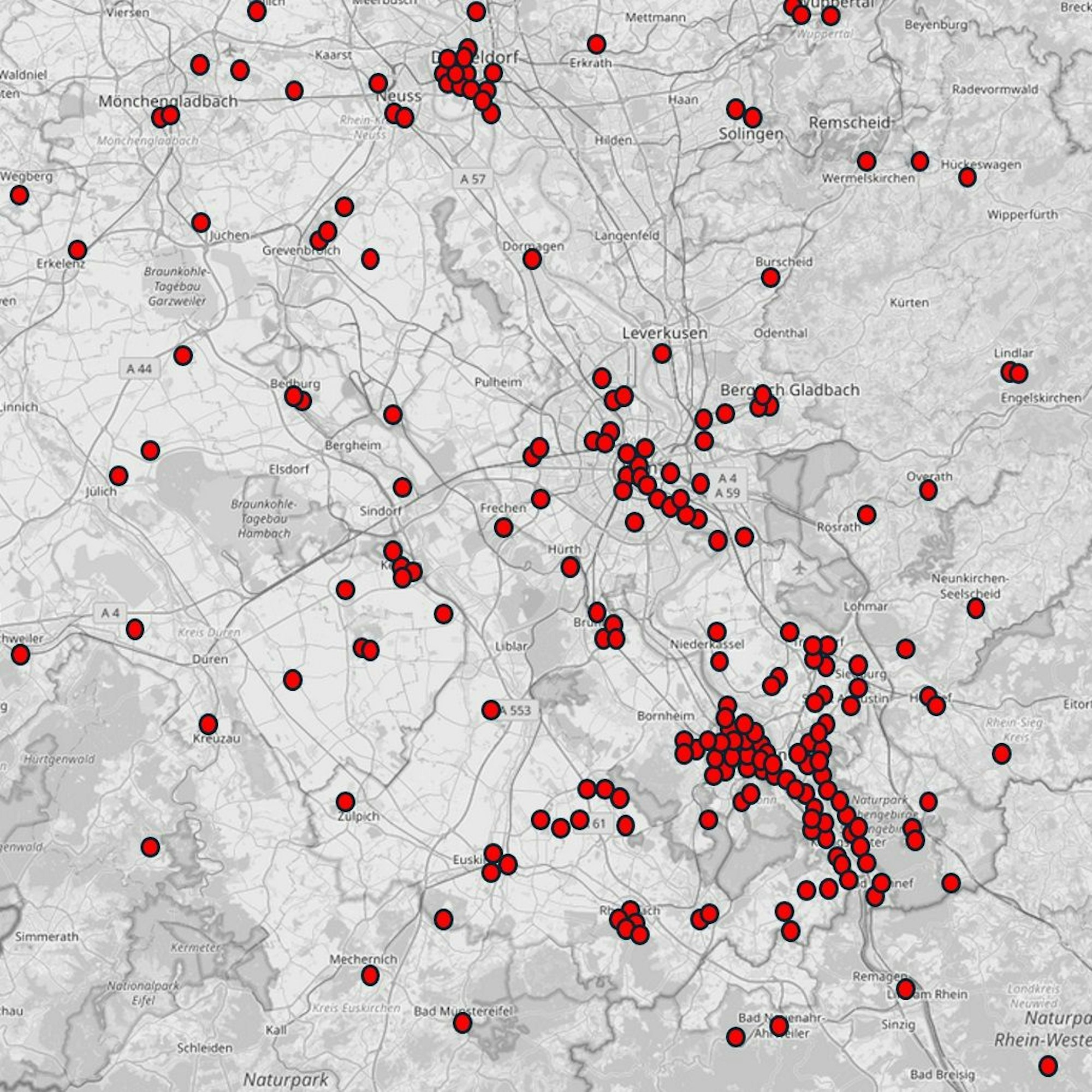 Die Karte zeigt eine deutliche Häufung der Sichtungen von Gottesanbeterinnen entlang des Rheins.