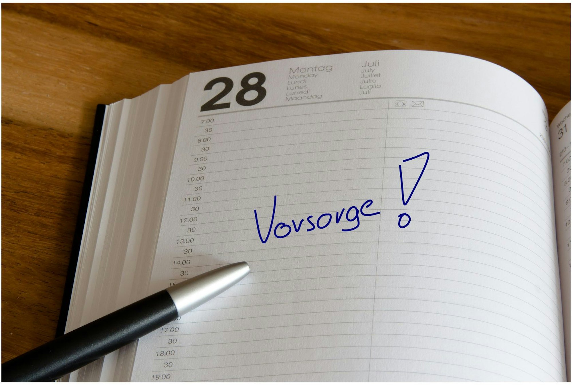 Ein Kalender mit dem Eintrag „Vorsorge!“