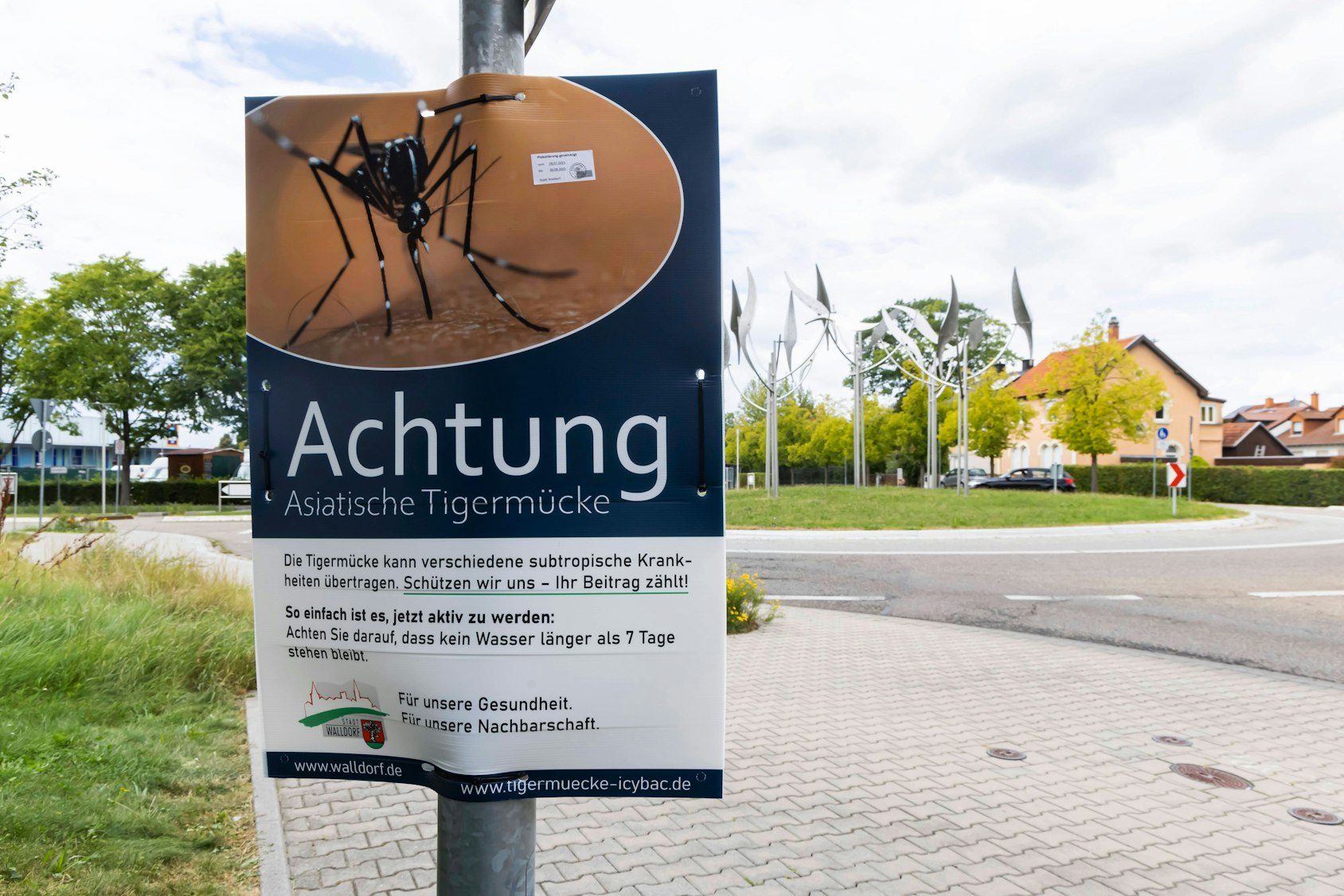 Schild mit Bild einer Asiatischen Tigermücke warnt vor Krankheitsübertragung und gibt Tipps