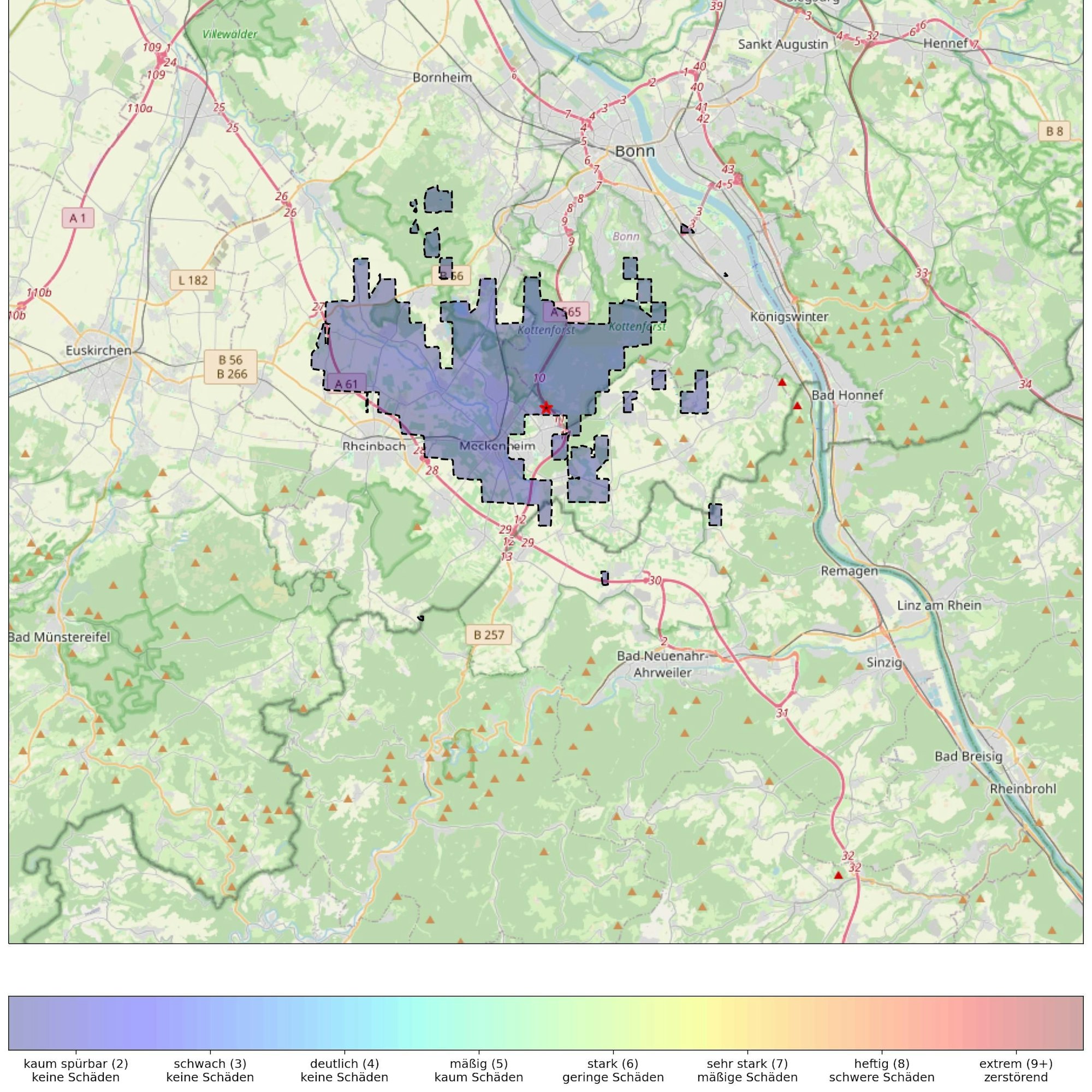 Die Karte zeigt das Gebiet, das von dem Erdbeben mit Epizentrum in Wachtberg betroffen war.