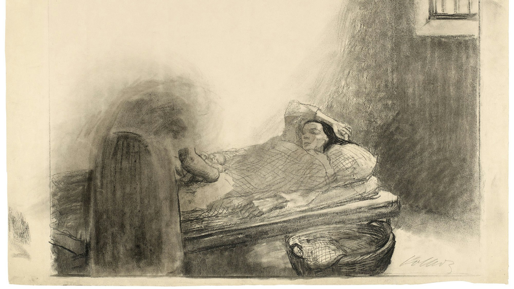 Eine Frau liegt im Wochenbett, eine Hebamme kümmert sich um ihr Kind.