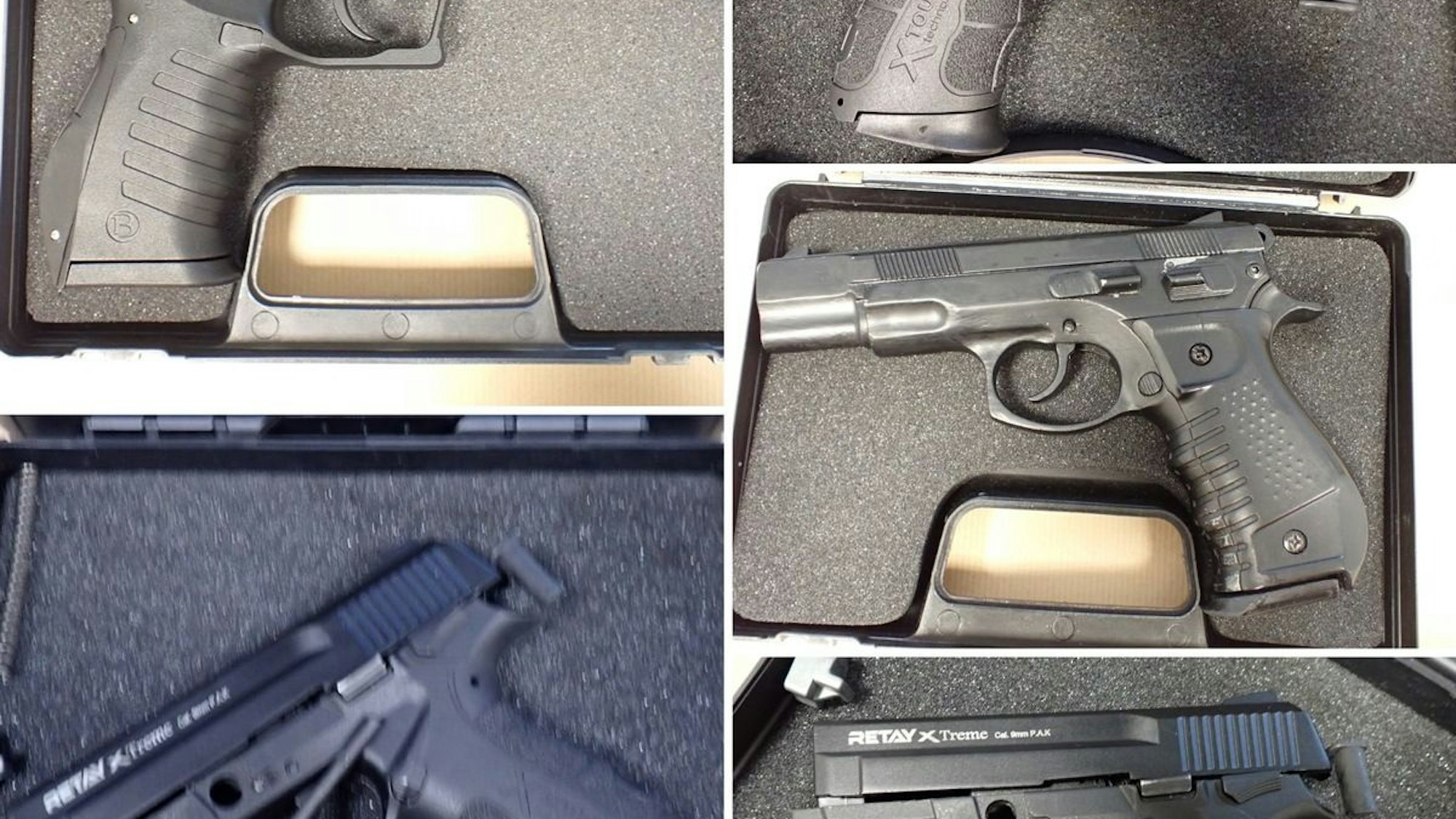 Sichergestellte Waffen, darunter Pistolen und eine Maschinenpistole, liegen auf einem Tisch.