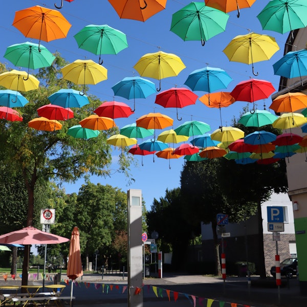Bunte Regenschirme hängen über einer Straße.