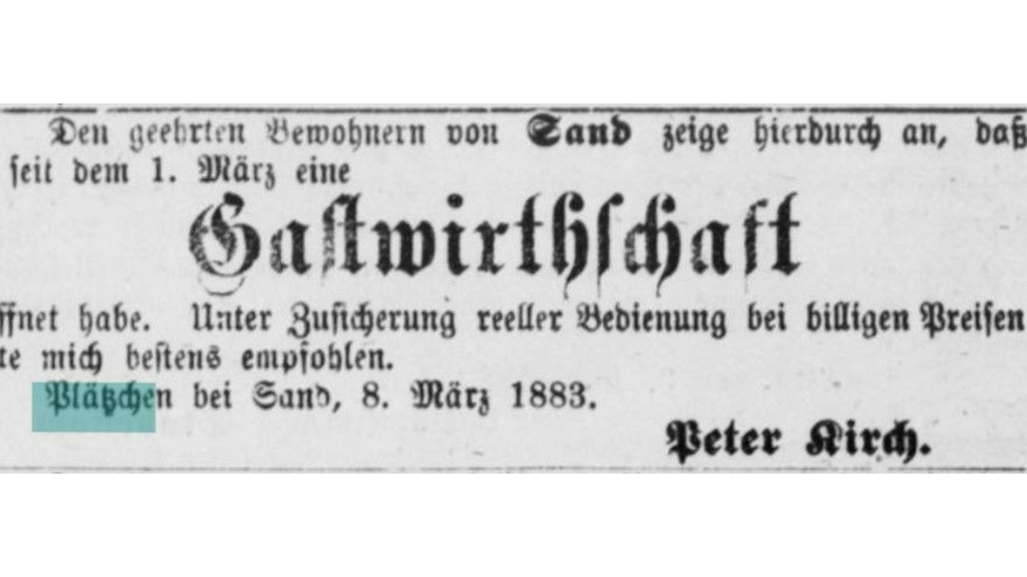 Ein altes Zeitungsinserat wirbt 1883 um Kundschaft für eine neu eröffnete Gastwirtschaft.