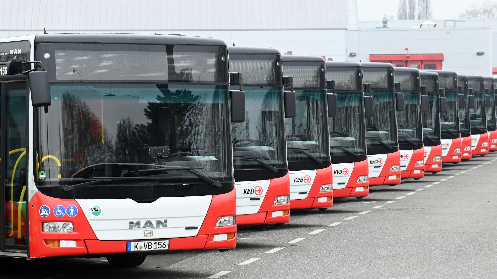 Busse der KVB stehen nebeneinander auf dem Betriebshof.