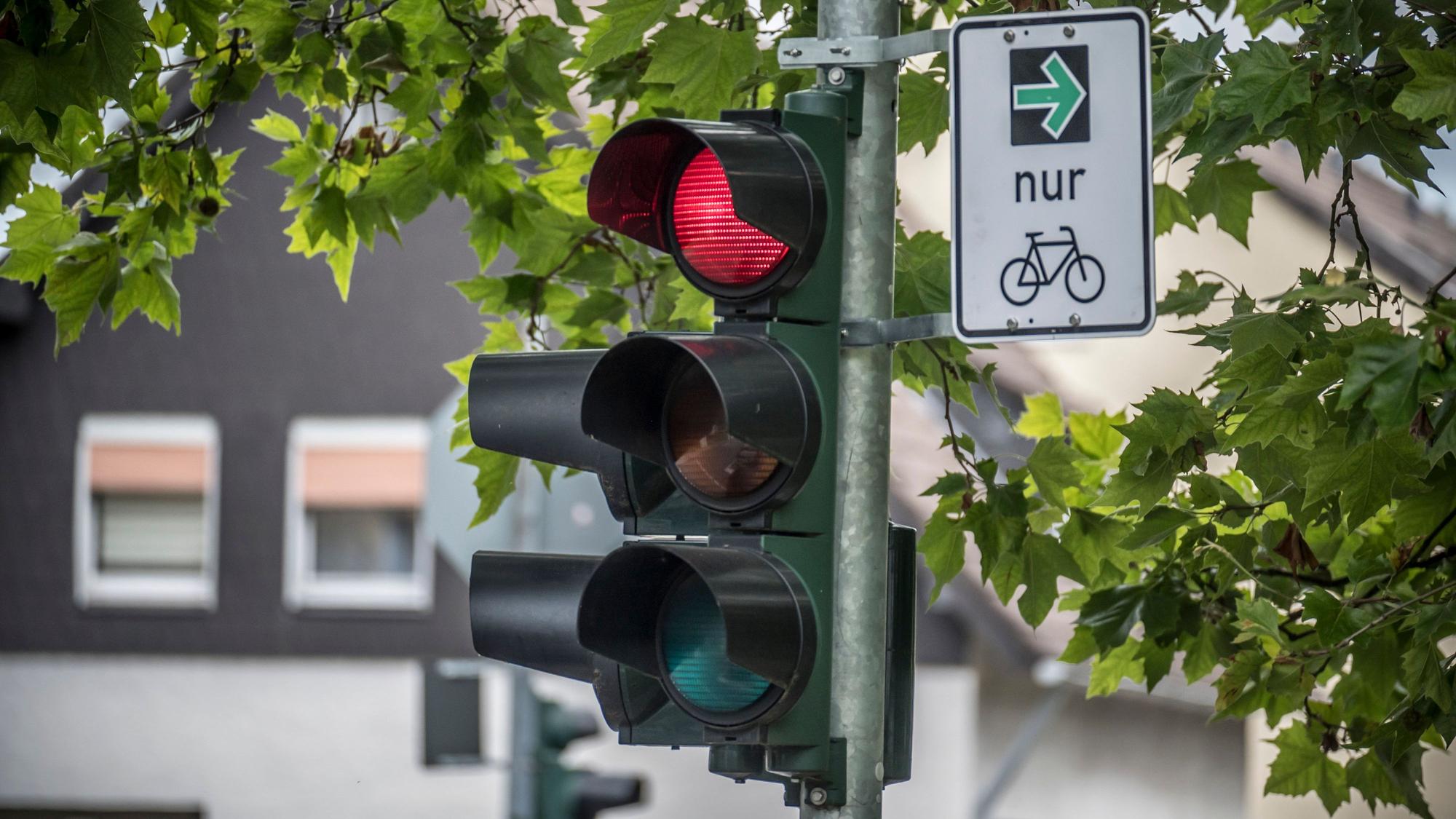 Ein Grünpfeil für Radfahrer an einer Ampel in Rheindorf.