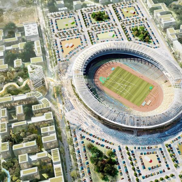 Visualisierung des Leichtathletikstadions mit umliegendem Olympischen Dorf für die Bewerbung NRWs.