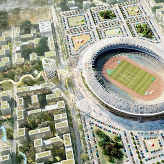 Visualisierung des Leichtathletikstadions mit umliegendem Olympischen Dorf für die Bewerbung NRWs.