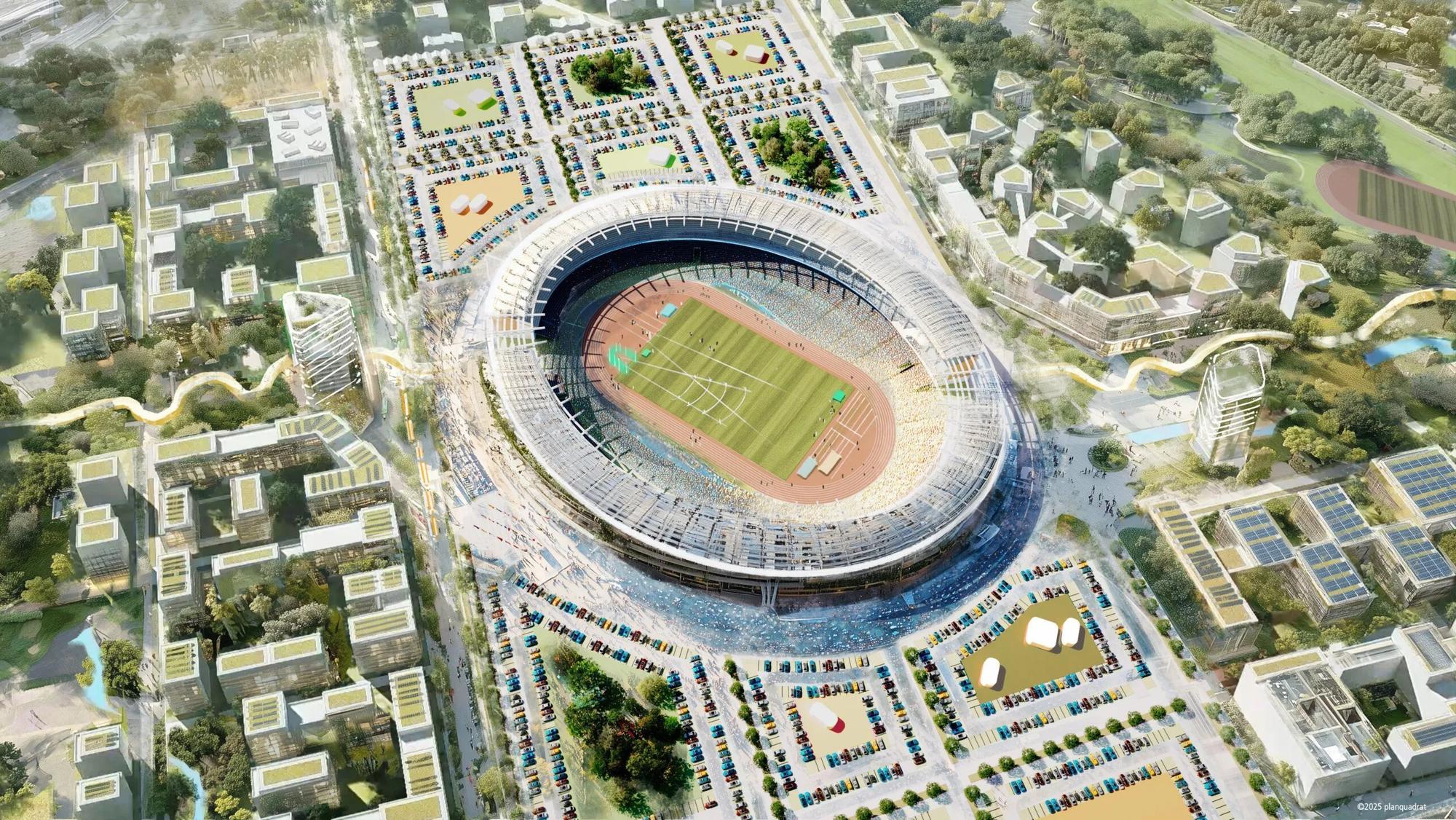 Visualisierung des Leichtathletikstadions mit umliegendem Olympischen Dorf für die Bewerbung NRWs.