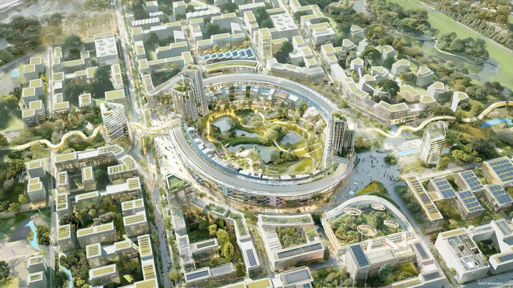 Visualisierung für die Nachnutzung des Olympischen Stadions mit einem Park in seiner Mitte.