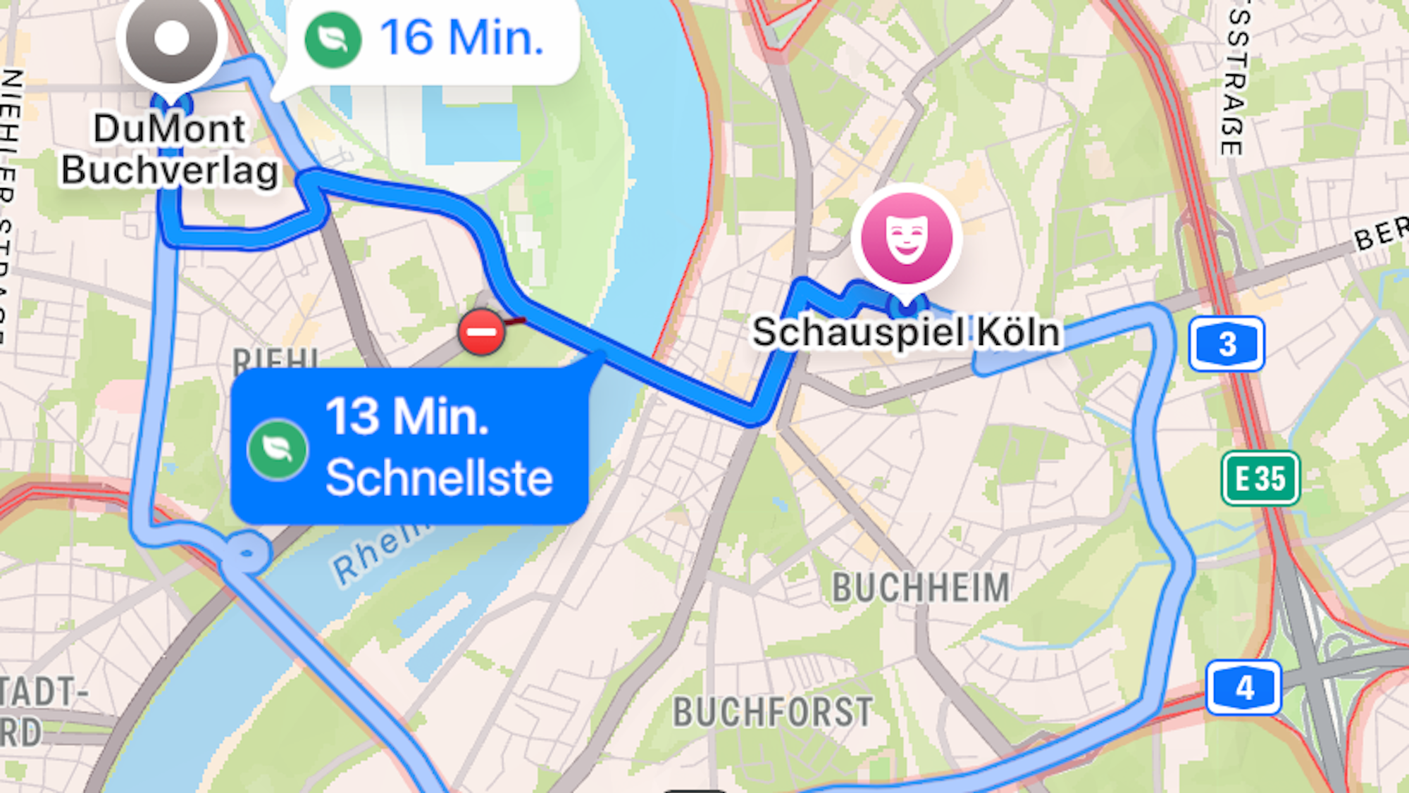 Apple Maps zeigt die Mülheimer Brücke auch von Riehl aus als befahrbar an.