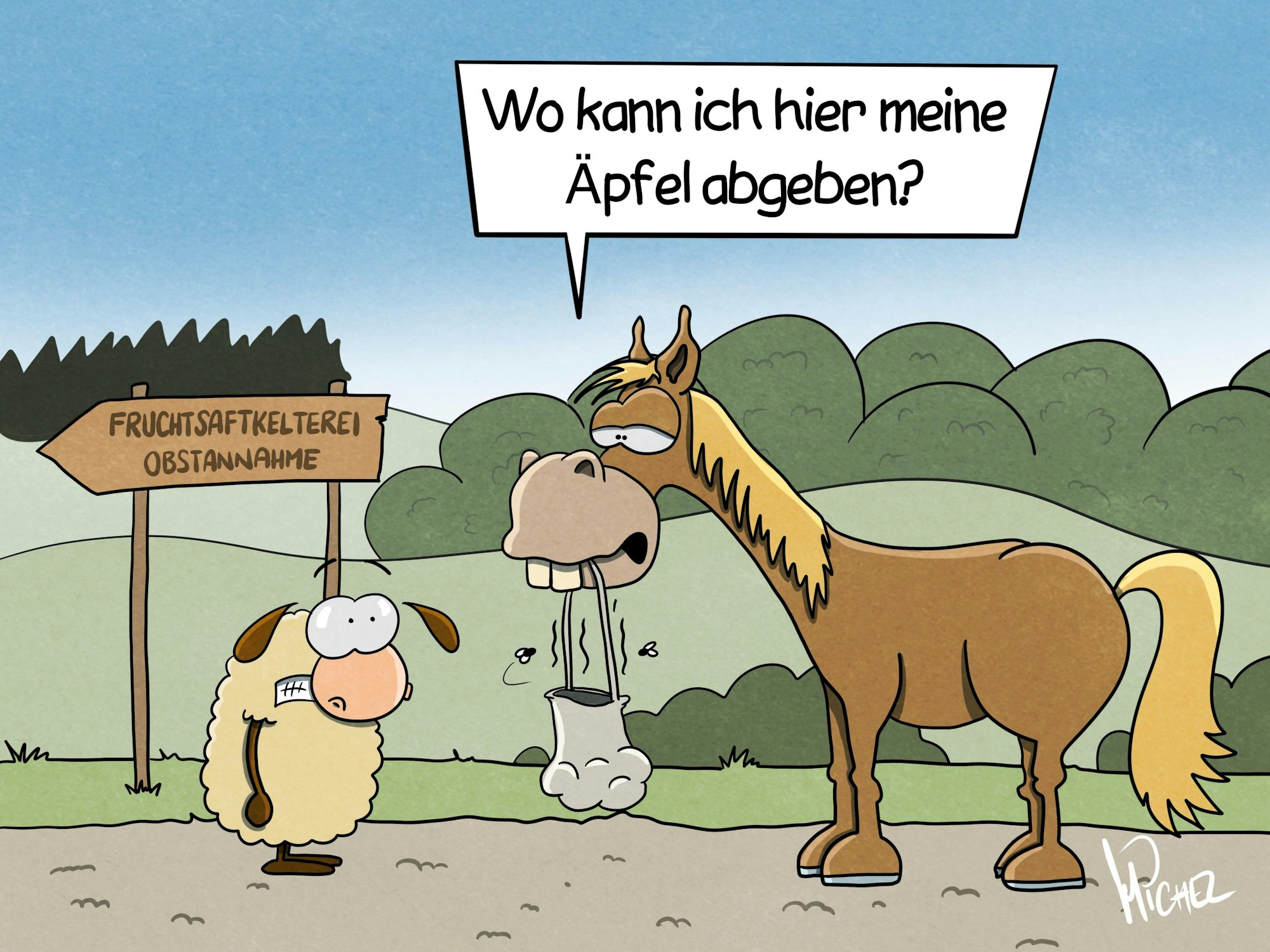 Ein Schaf und ein Pferd stehen vor einem Schild mit einem Pfeil, auf dem steht „Fruchtsaftkelterei, Obstannahme“. Das Pferd trägt einen Beutel in den Zähnen, aus dem es stinkend qualmt und an dem einige Fliegen zu sehen sind. Das Pferd fragt das Schaf: Wo kann ich hier meine Äpfel abgeben?“