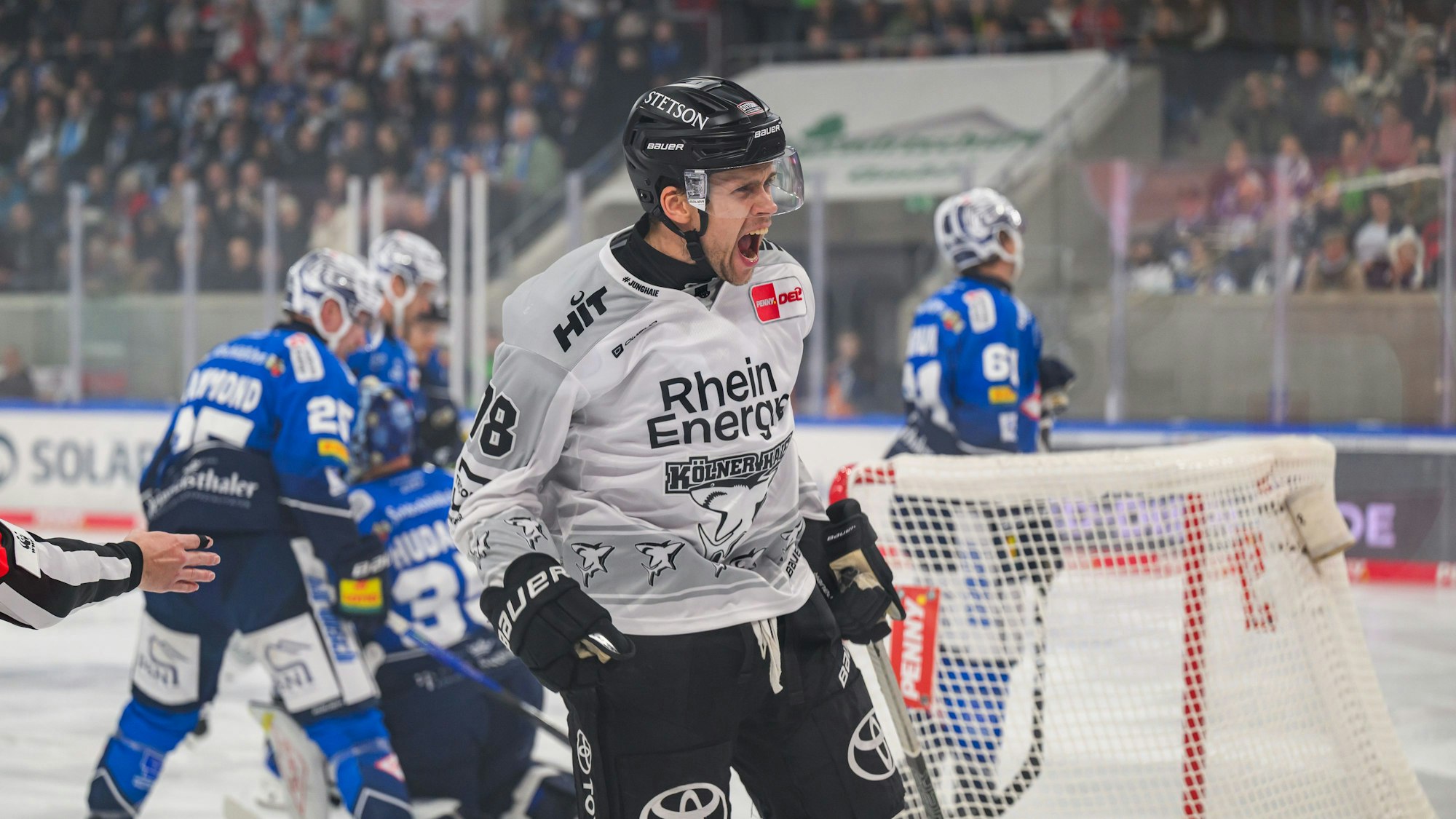 Dominik Bokk (Kölner Haie) jubelt nach seinem Tor gegen die Dresdner Eislöwen. am Donnerstag (16. Oktober)